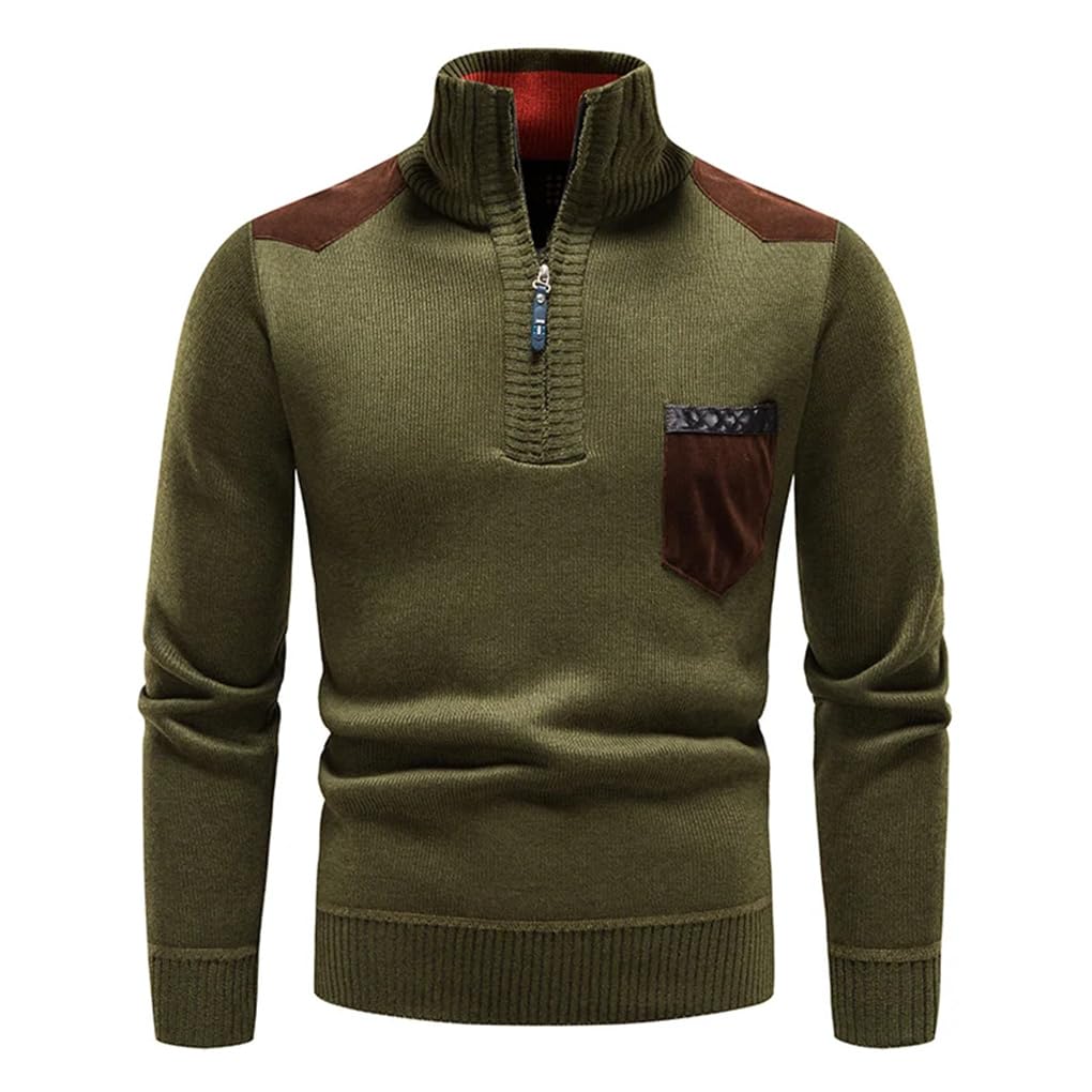 Dninmim Langärmeliger Rollkragenpullover für Herren, mit halbem Reißverschluss, Patchwork-Bluse, Sweatshirts