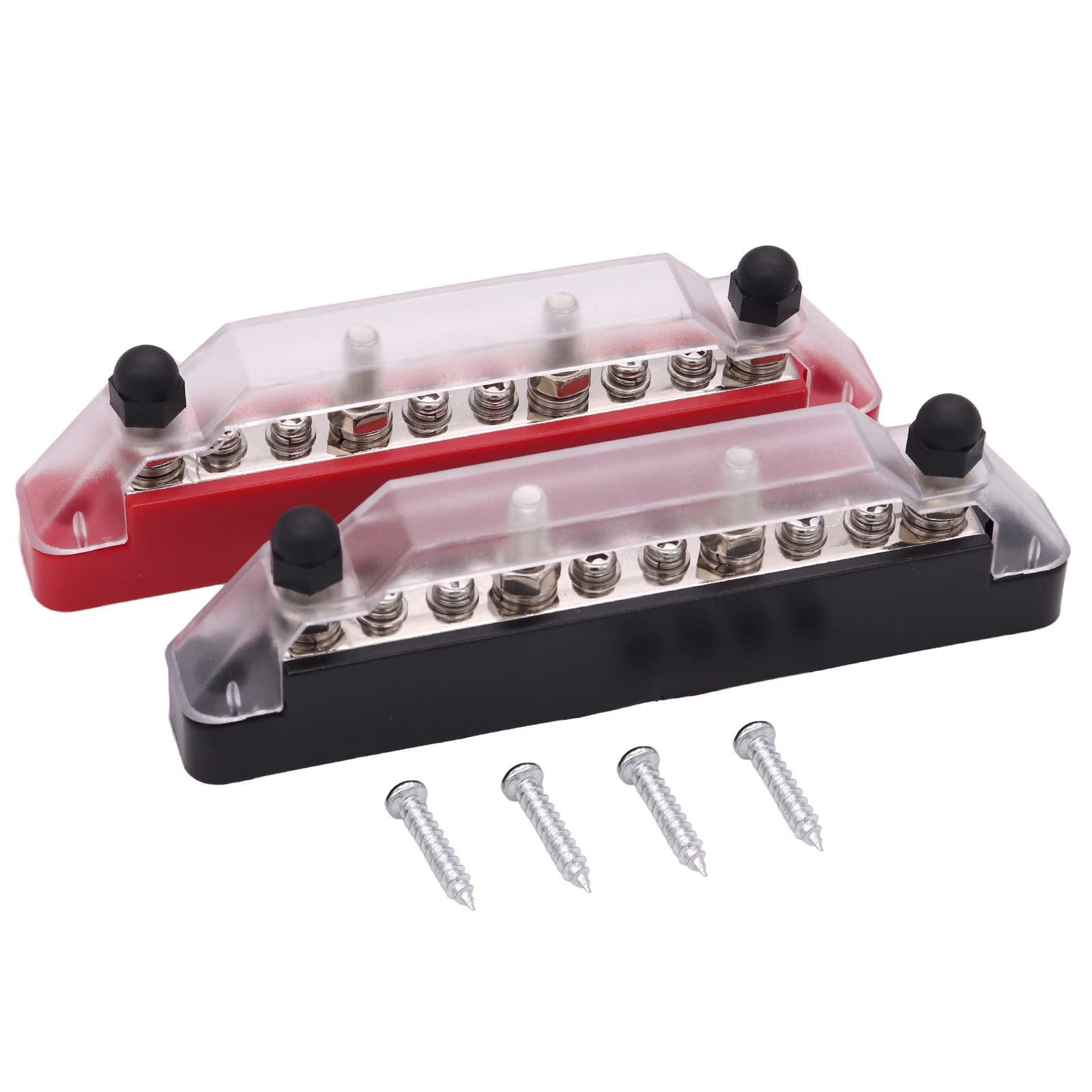 ZOOKOTO 150 Amp Rating Bus Bar Power Distribution Block, 4X M6(1/4”) Studs 6X M4(#8) Screw Terminal Block with Cover for Car Boat Marine Caravan RV (Black + Red)
