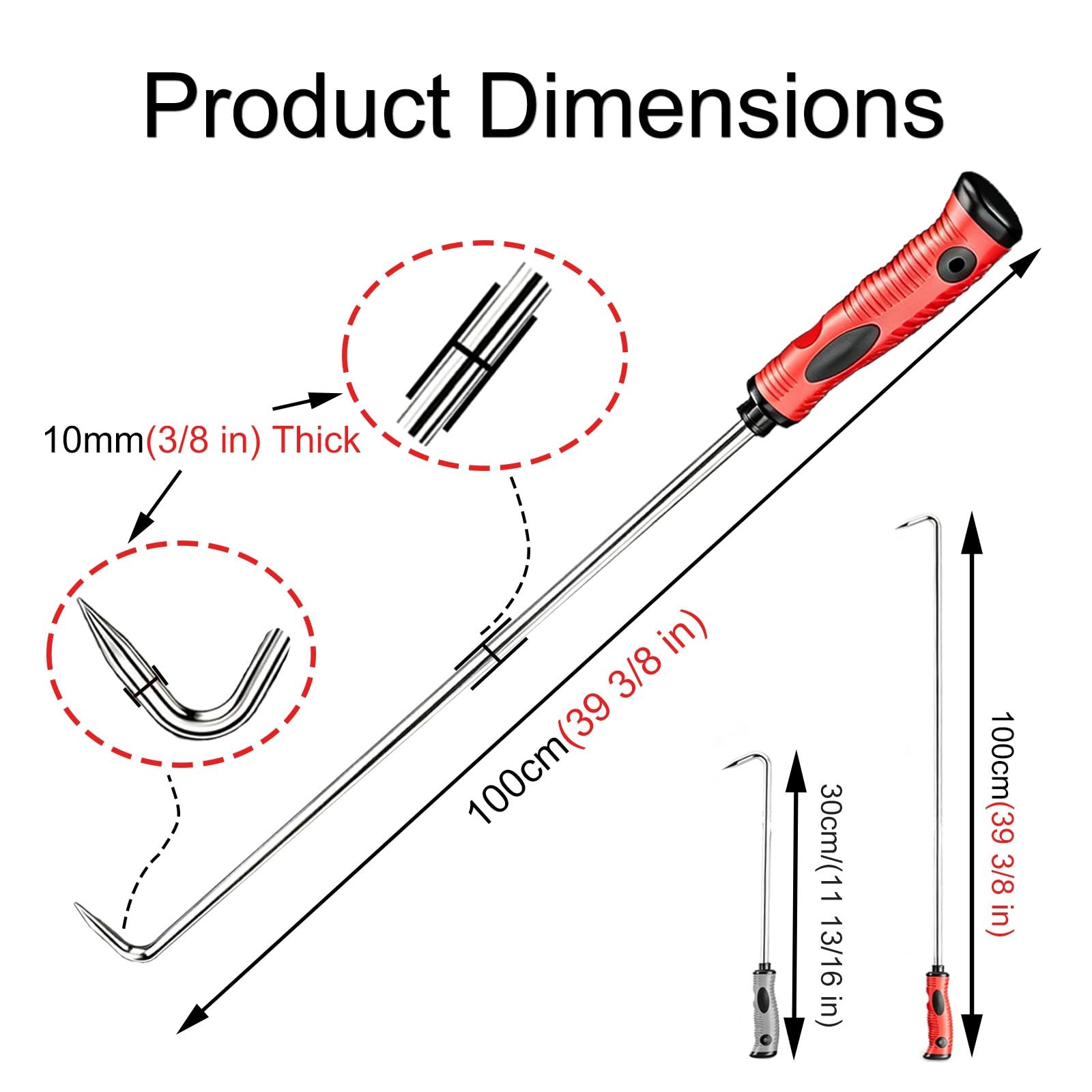 Gancho en J Puntiagudo de Acero Inoxidable de 39-3/8" | Levantador de acero de 3/8" de espesor con mango de goma para rejillas de alcantarillado(2pcs)