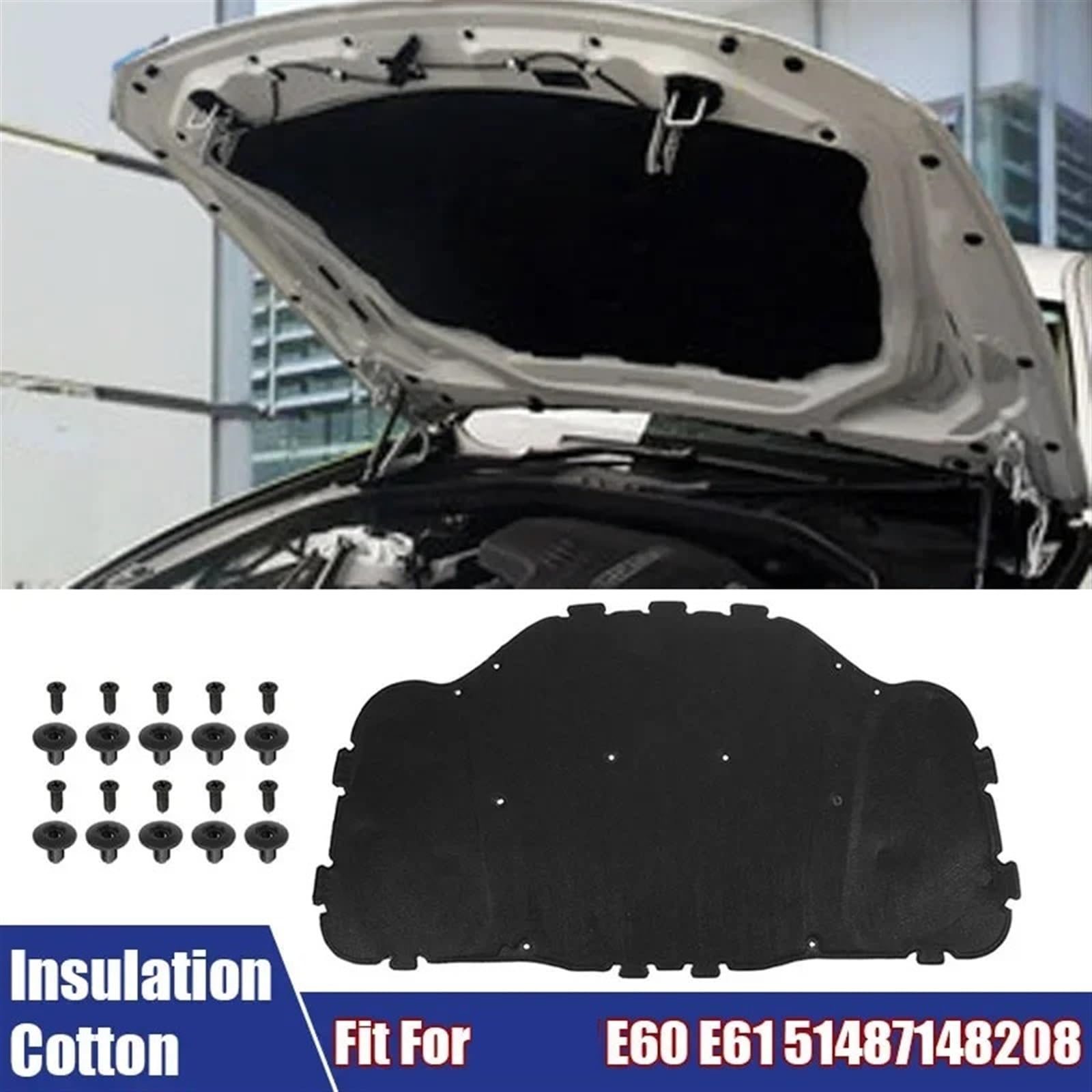 Isolation Capot Moteur BMW E60 E61 525i 528i 530i - Noir - Anti-chaleur & Insonorisant - Kit Montage - 7