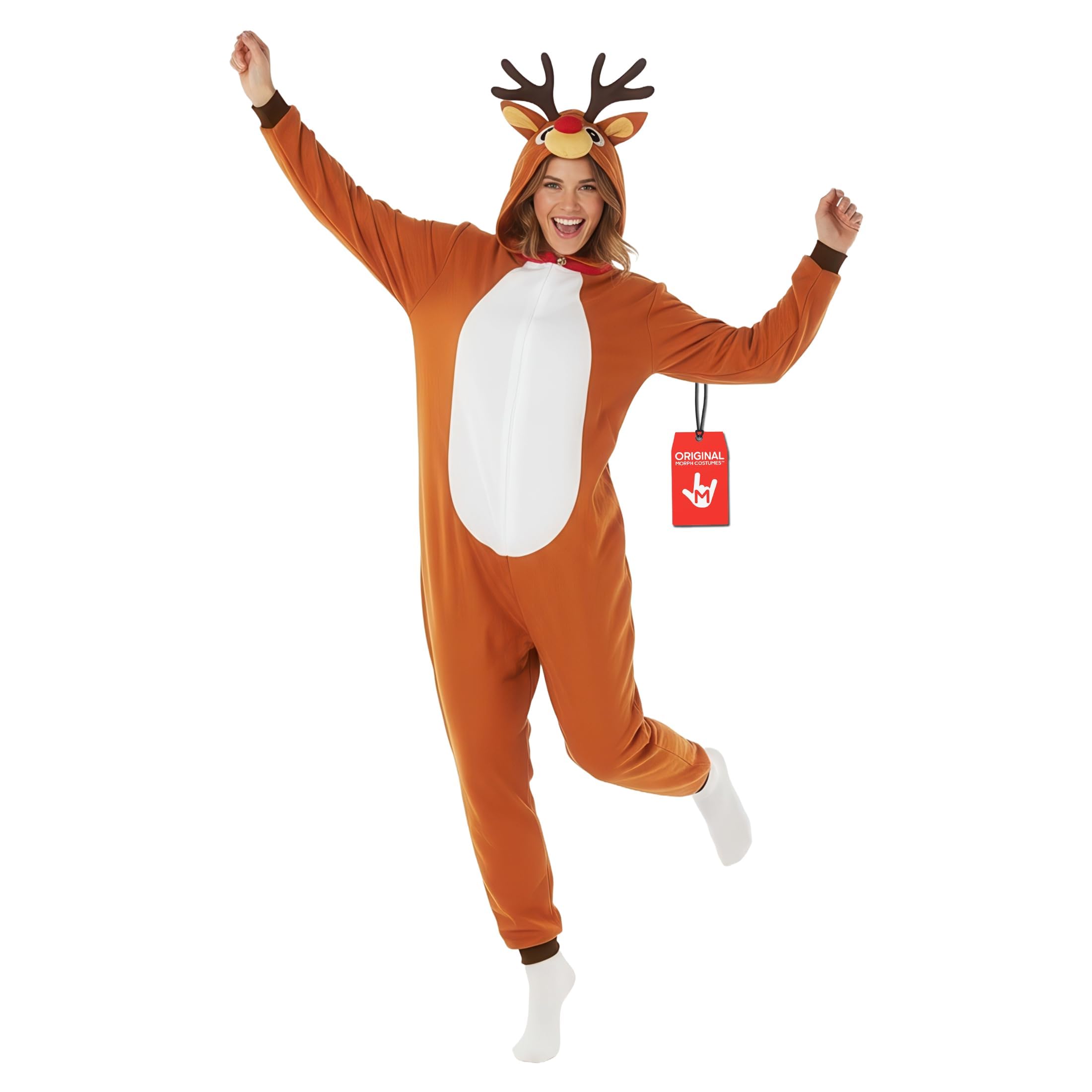 Morph Costume Renna Adulto, Tuta Halloween Uomo | Tuta con Cappuccio, Corna & Naso Rosso, Copriscarpe a Zoccolo, Perfetto per Halloween, Ideale per Travestirsi