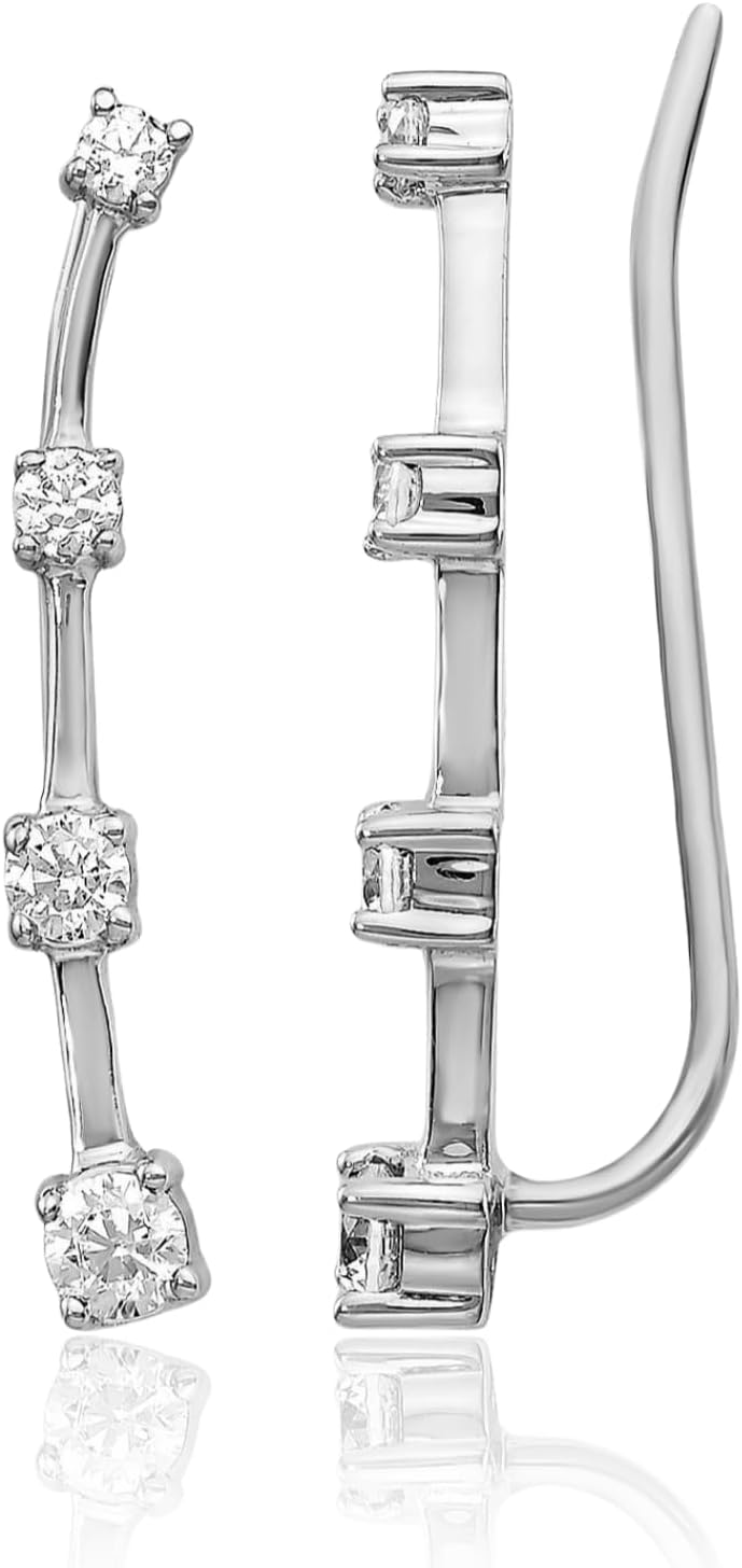 IceCarats 14K Solid White Gold 0.28 carat Diamond Threader Climber Earrings Round Cut, Natural, Prong Set For Her