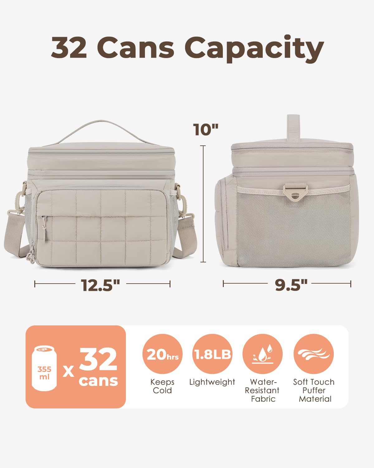 Puffer Cooler Bag 32 Cans Insulated Soft Sided Cooler Double Deck Collapsible Lunch Box for Picnic, Beach, Hiking, Camping, Work, Travel