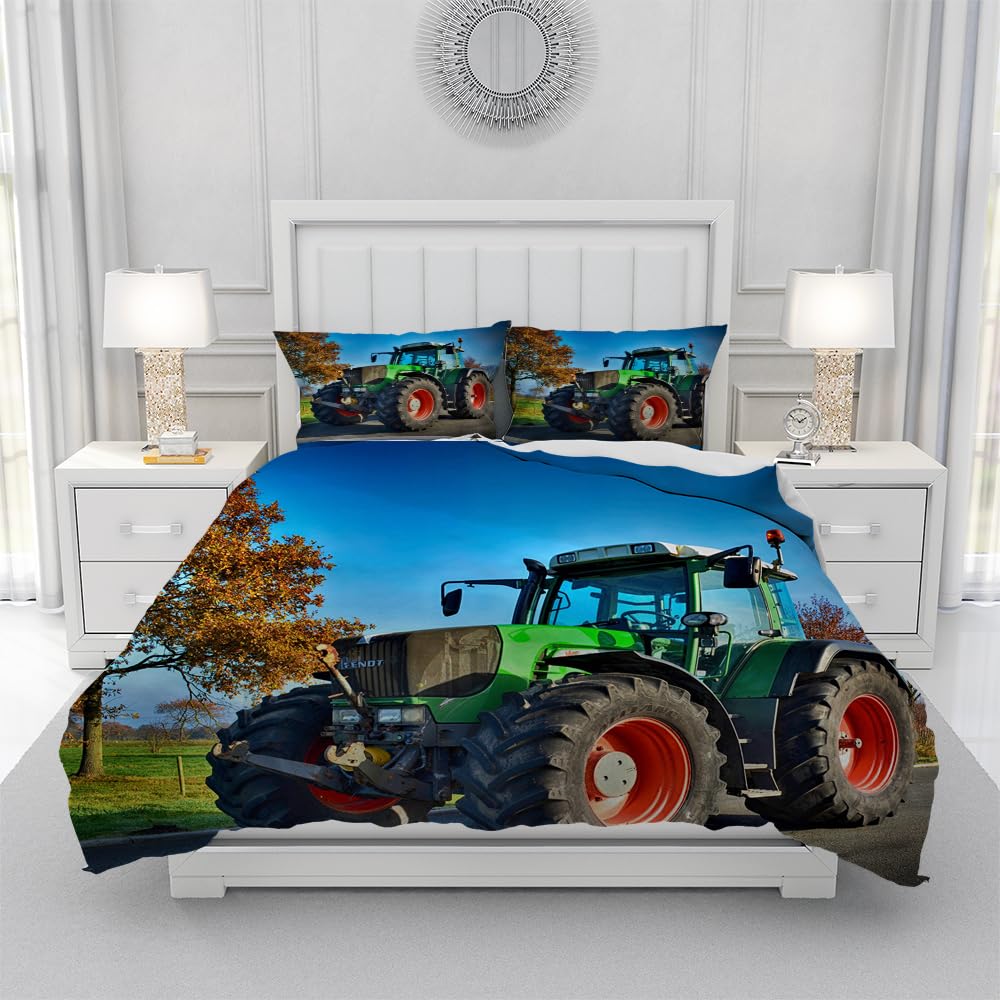 Tractorbeddengoedset, 3D-print, tractorpatroon, kinderbeddengoed, microvezel dekbedovertrekken, 3-delig met ritssluiting, voor kinderen, jongeren en jongens (tractor 5, 200 x 200 cm
