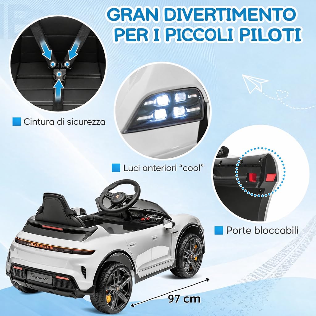 Porsche Taycan Turbo S Macchina Elettrica per Bambini 12V con Telecomando Cintura a 3 Punti Fari a Led Bluetooth Auto Elettrica Full Optional (Bianco)