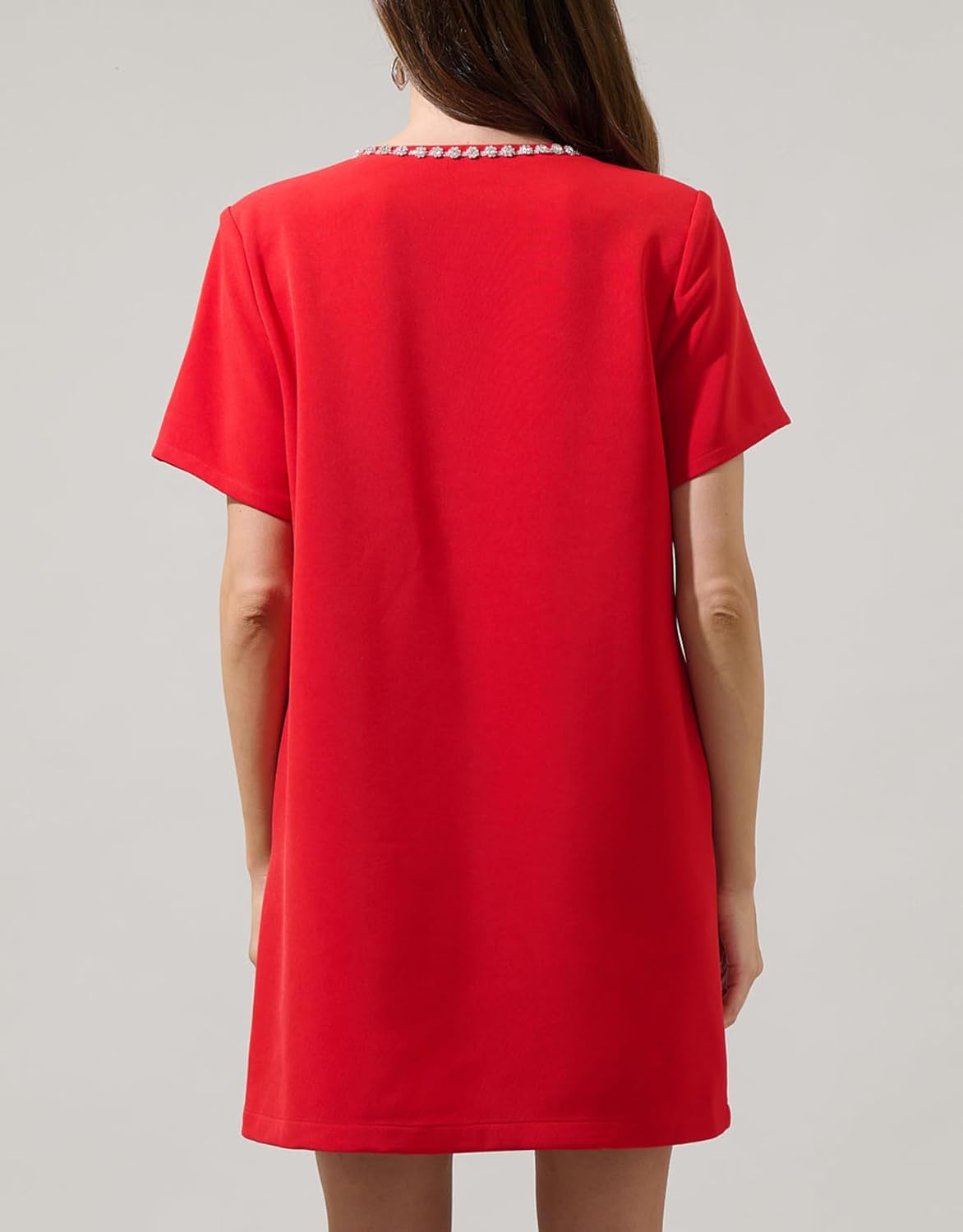 Women's V Neck Shift Mini Dress Short Sleeve Bow Glitter Rhinetone Dress Sexy Party Cocktail Short Dress - Image 4