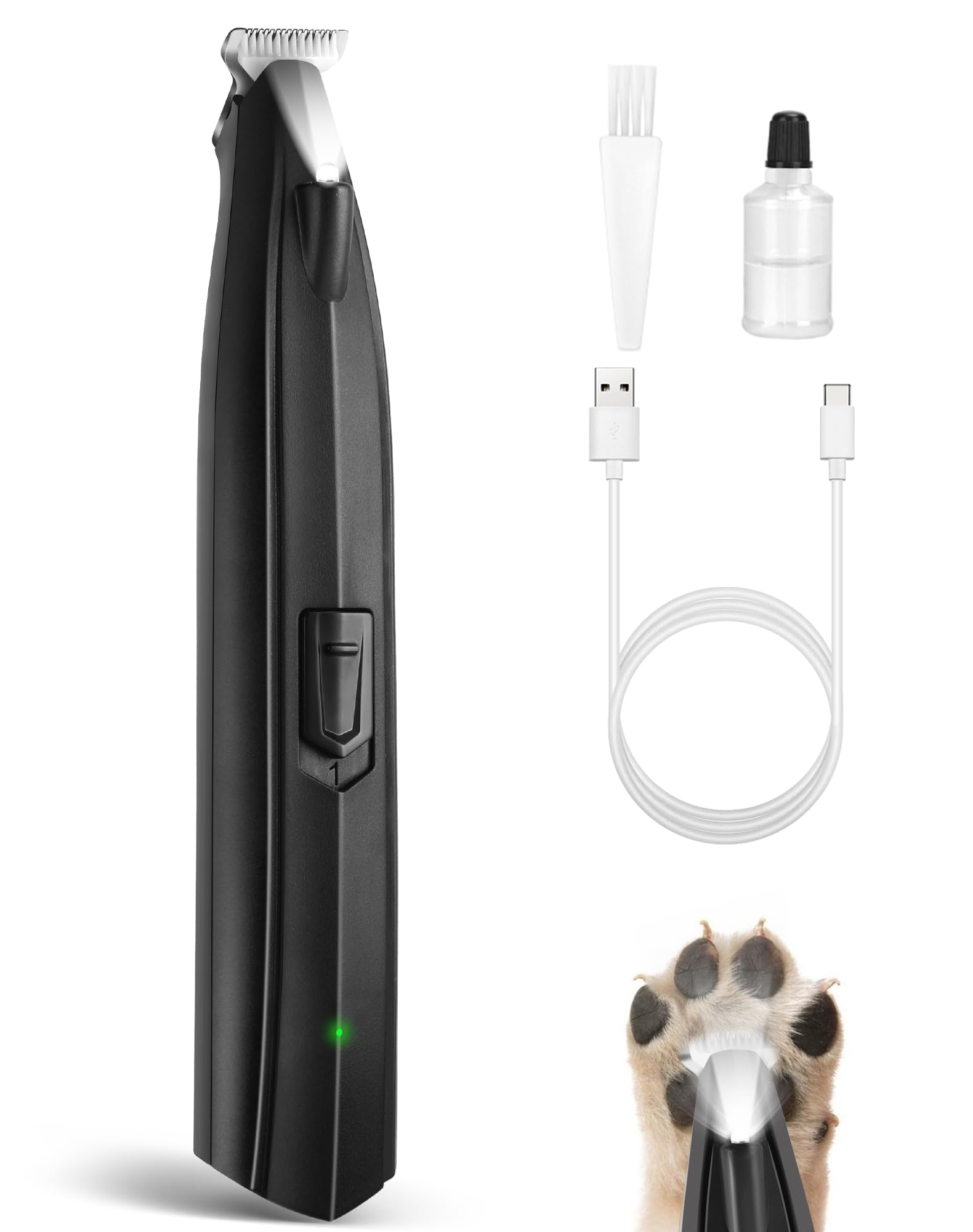 Dog Paw Trimmer for Grooming, Cordless Electric Dog Clippers with LED Light, Rechargeable Low Noise Small Pet Shaver for Trimming Cat's Hair Around Eyes, Faces, Ears, Paws, Rump(Black)