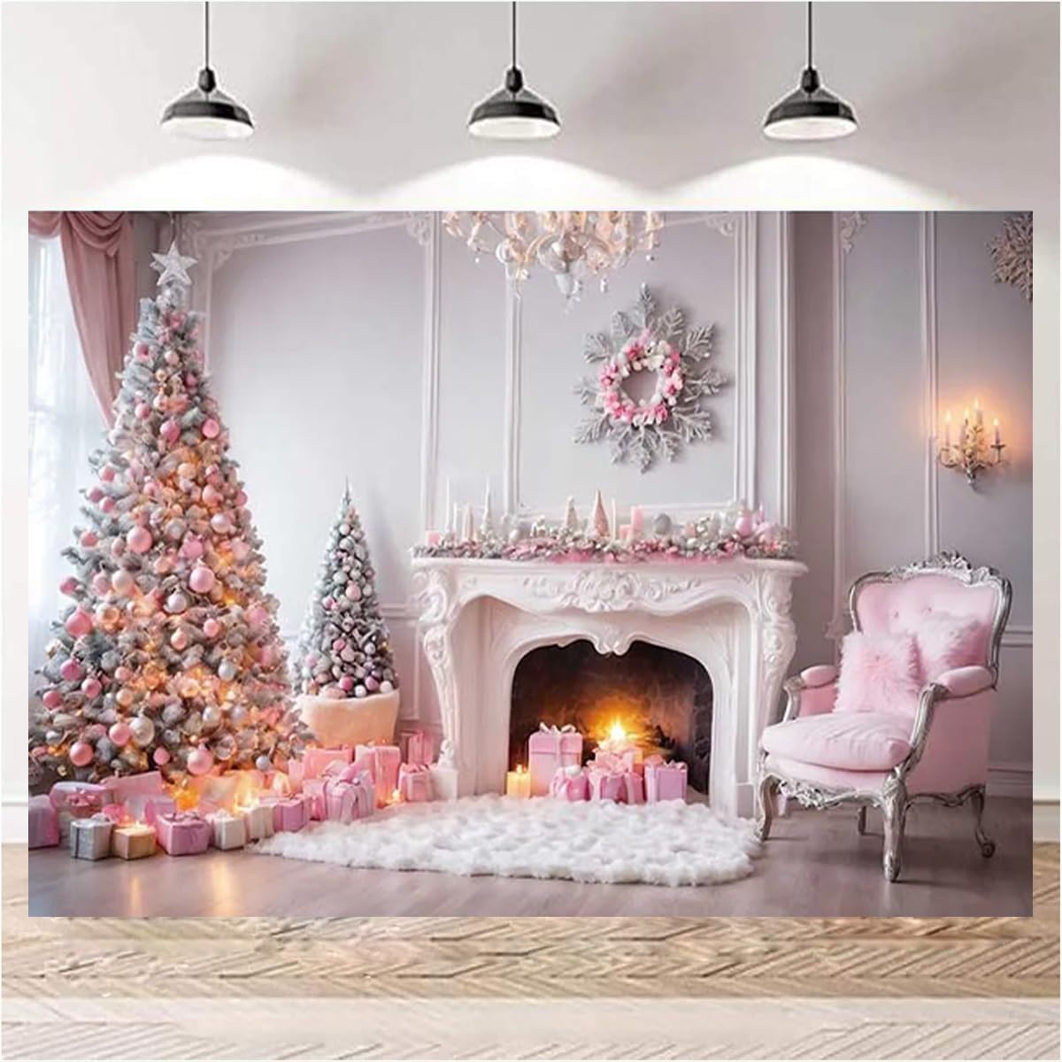 Amazon.com : Pink Fireplace Wreath Photography Backdrop Xmas Pine