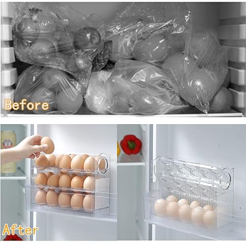 Miniatura 5 de Soporte para huevos abatible para 30 huevos, almacenamiento de huevos para refrigerador, contenedor de huevos de acrílico transparente de 3 niveles,