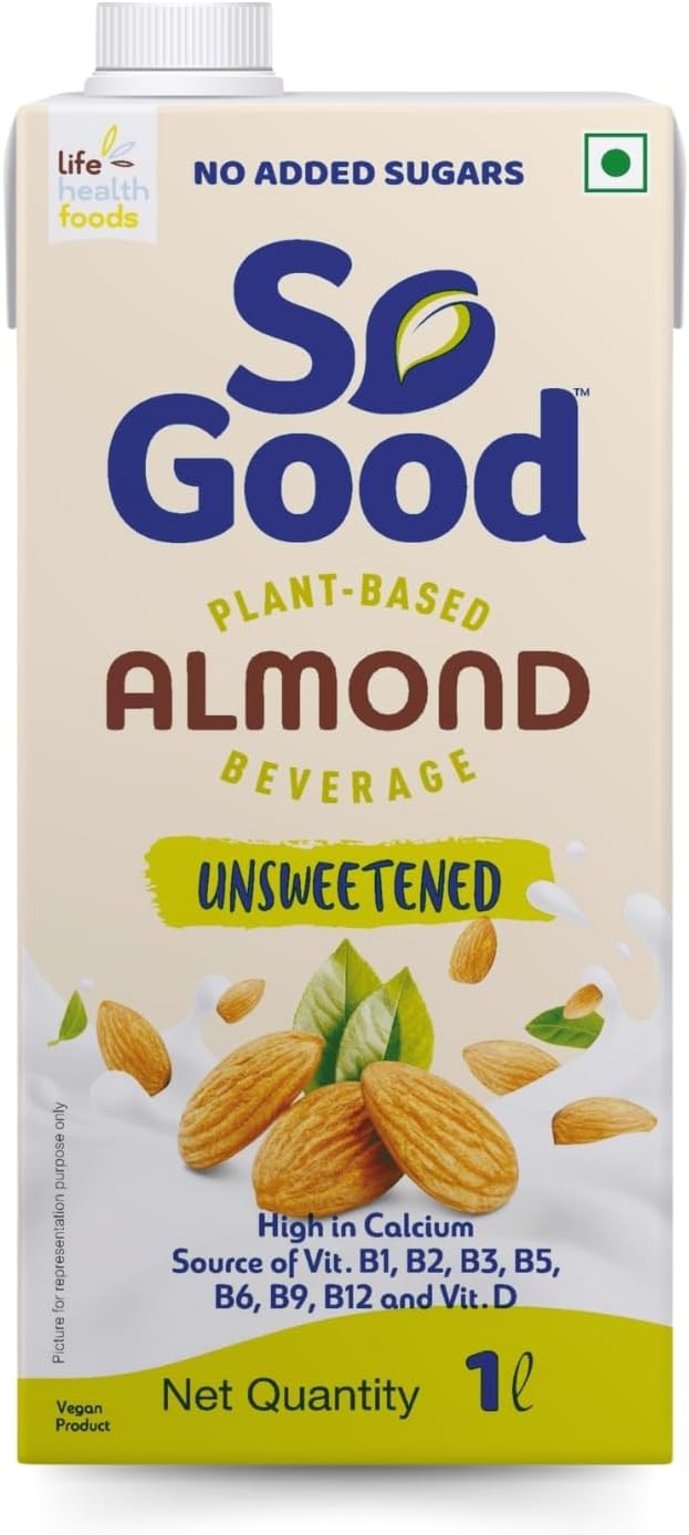 So Good Plant Based Almond Beverage Unsweetened 1 L | Lactose Free | No Added Sugar |Gluten Free | No Preservatives | Zero Cholesterol | Dairy Free| Source of Calcium & Vitamins