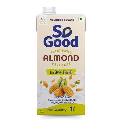 So Good Plant Based Almond Beverage Unsweetened 1 L | Lactose Free | No Added Sugar |Gluten Free | No Preservatives | Ze