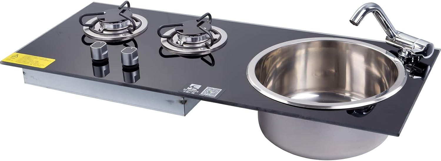 RV Gas Stove Cooker, 2 Burners with Sink Combo, Black