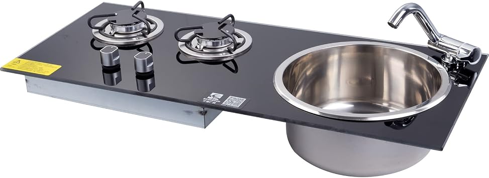 RV Gas Stove Cooker, 2 Burners with Sink Combo, Black