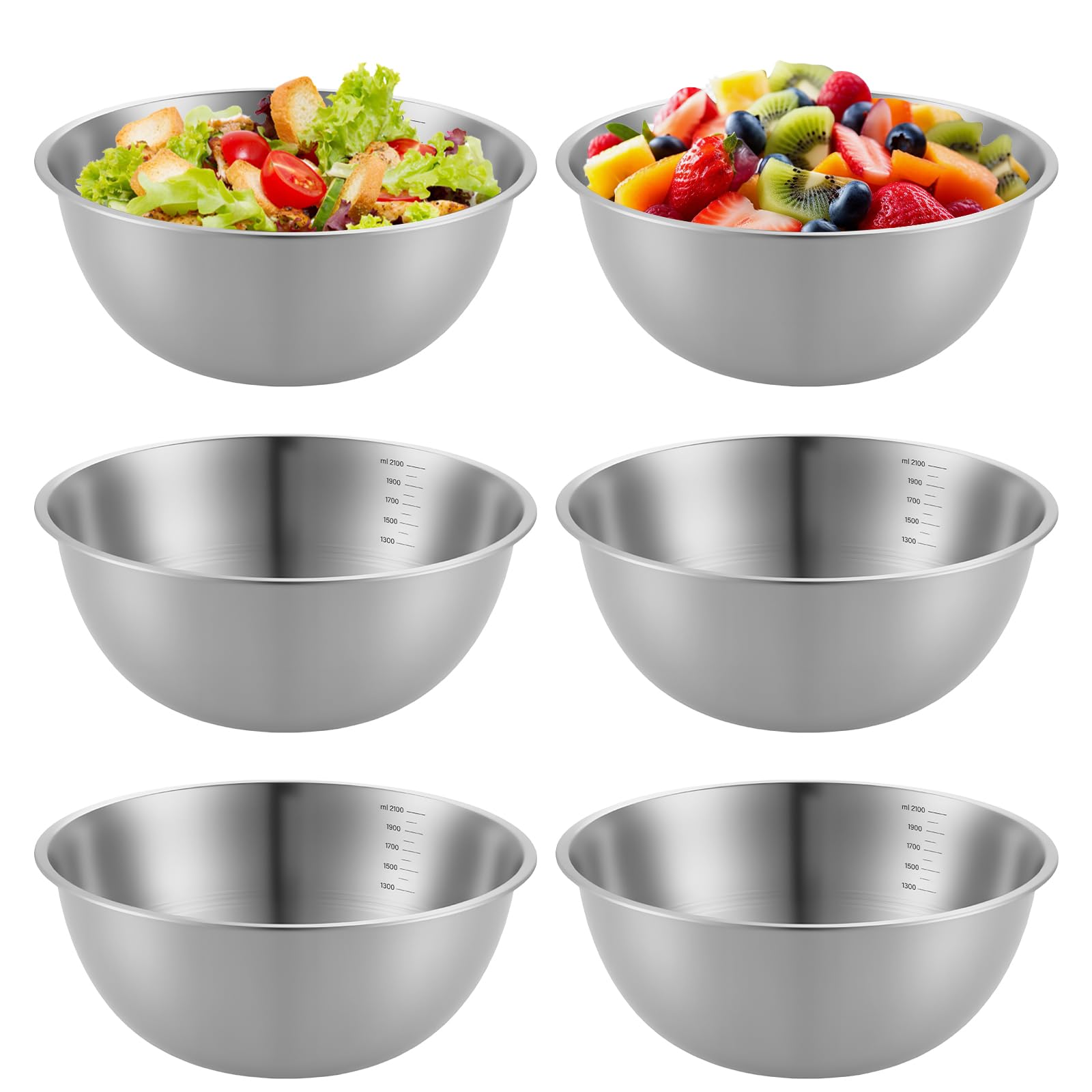 6 ciotole in acciaio inox, 2100 ml, in acciaio inox, ciotola per insalata, diametro 22,5 cm, ciotola per insalata, ciotola in acciaio inox, piastra impilabile, per cucina, ristorante, cene di famiglia