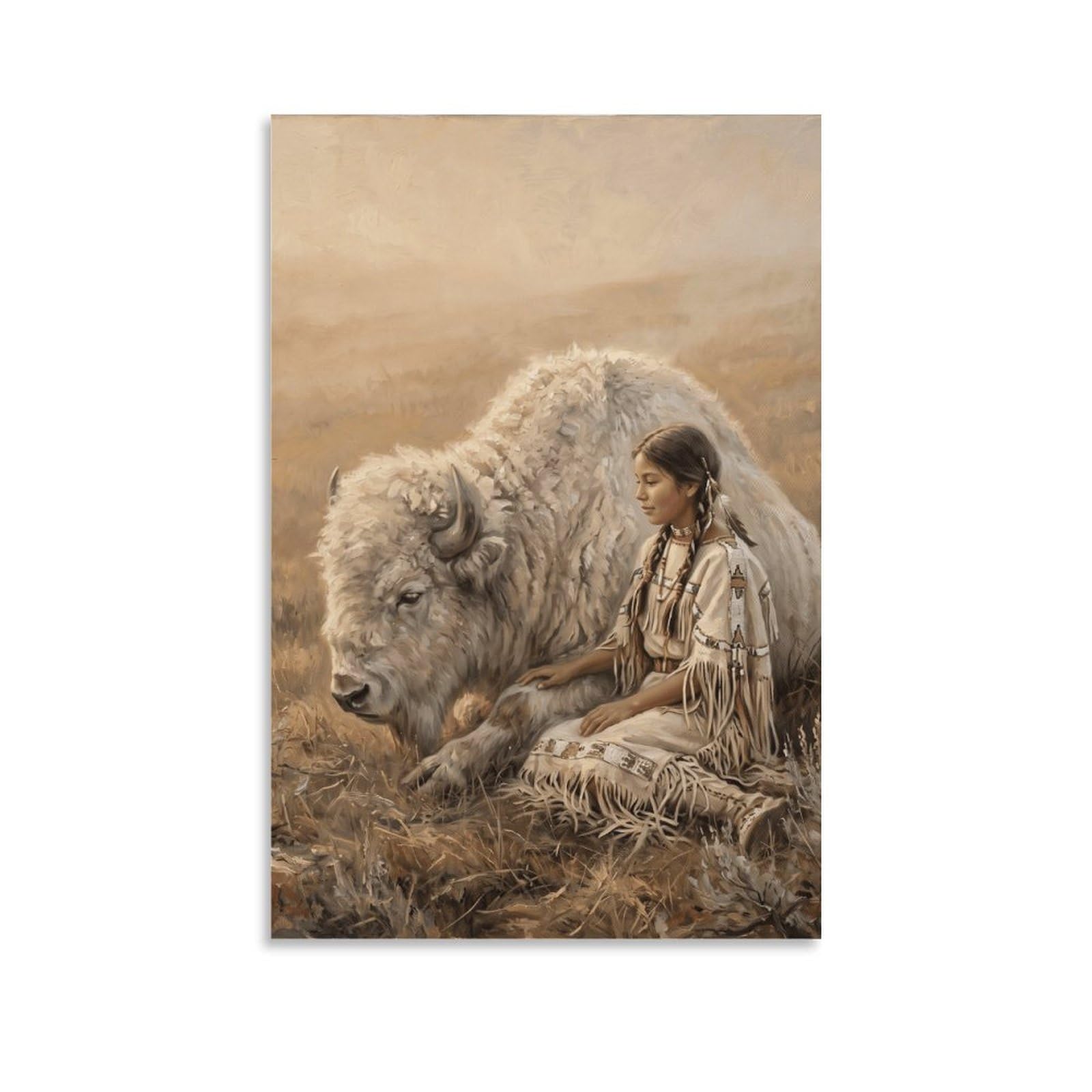 W7C8U2X3 White Buffalo Woman Prairie Canvas Wall Art, Rustic Western