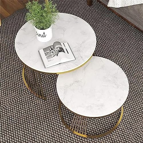 Image of Furniture Cafe Luxury Nesting Coffee Table Set of 2 - Modern Round Marble Top Accent Tables with Golden Metal Base, Living Room Centerpiece