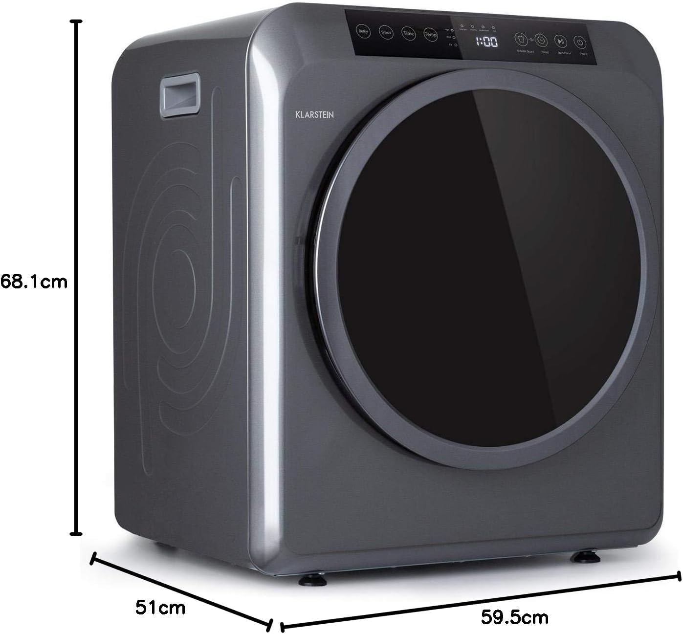 Klarstein EZ Dry dryer with dimensions labeled: 59.5 cm width, 68.1 cm height, 51 cm depth.