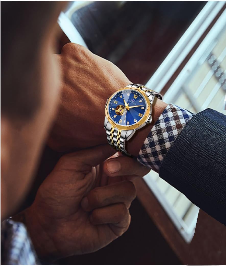 FORSINING Automatic Mechanical Watch, Self Winding Blue Gold Dial Design Skeleton Watch, Mechanical Tourbillon Fashion Men Watch Date Day Dress Watch Gift for Men