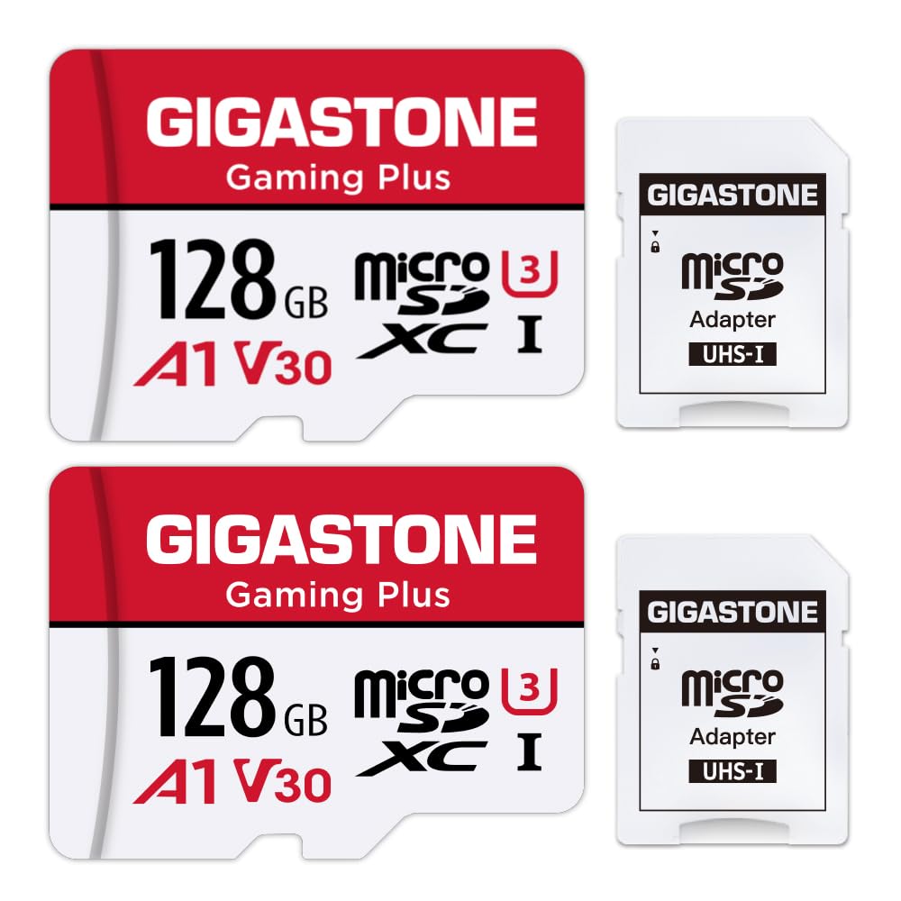 GIGASTONE 128GB Micro SD Card 2-Pack, Gaming Plus, Nintendo-Switch 1 Compatible, R/W 100/50MB/s, 4K Video Recording, Micro SDXC UHS-I A1 U3 Class 10, with Adapter