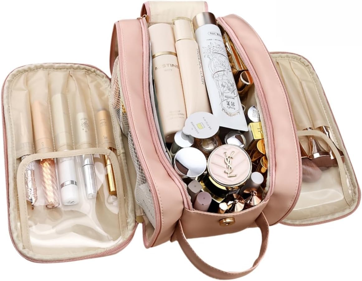 Travel Makeup Bag Women's Large Capacity Cosmetic Portable Organizer Large Opening Waterproof Storage Toiletry Bags Vertical Free-Standing Brush Holder for Easy Access-image-24