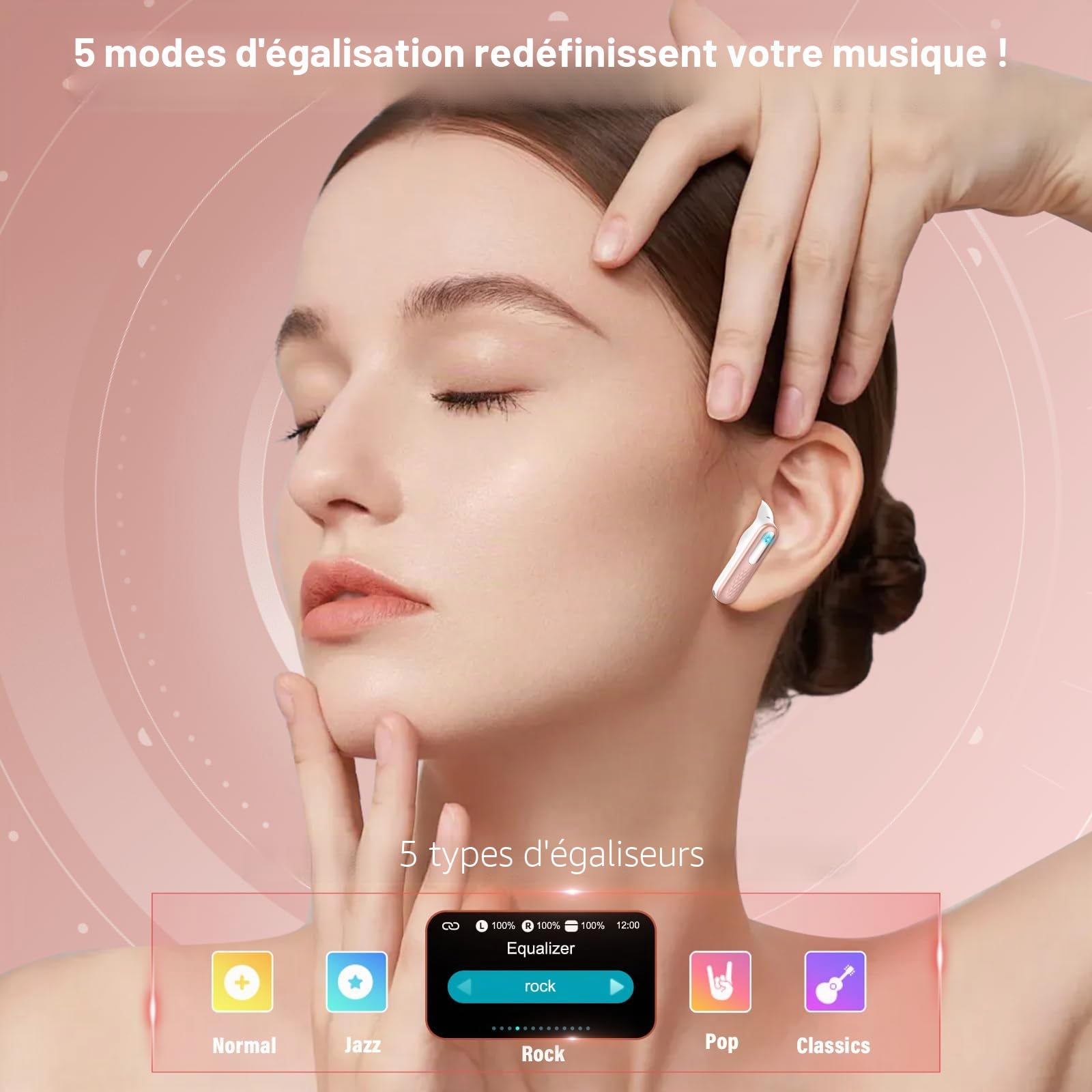 ZYHKON Écouteurs sans Fil avec écran Tactile Intelligent, Bluetooth 5.4 avec Micro, étanchéité IP7, Racine de Lotus Rose