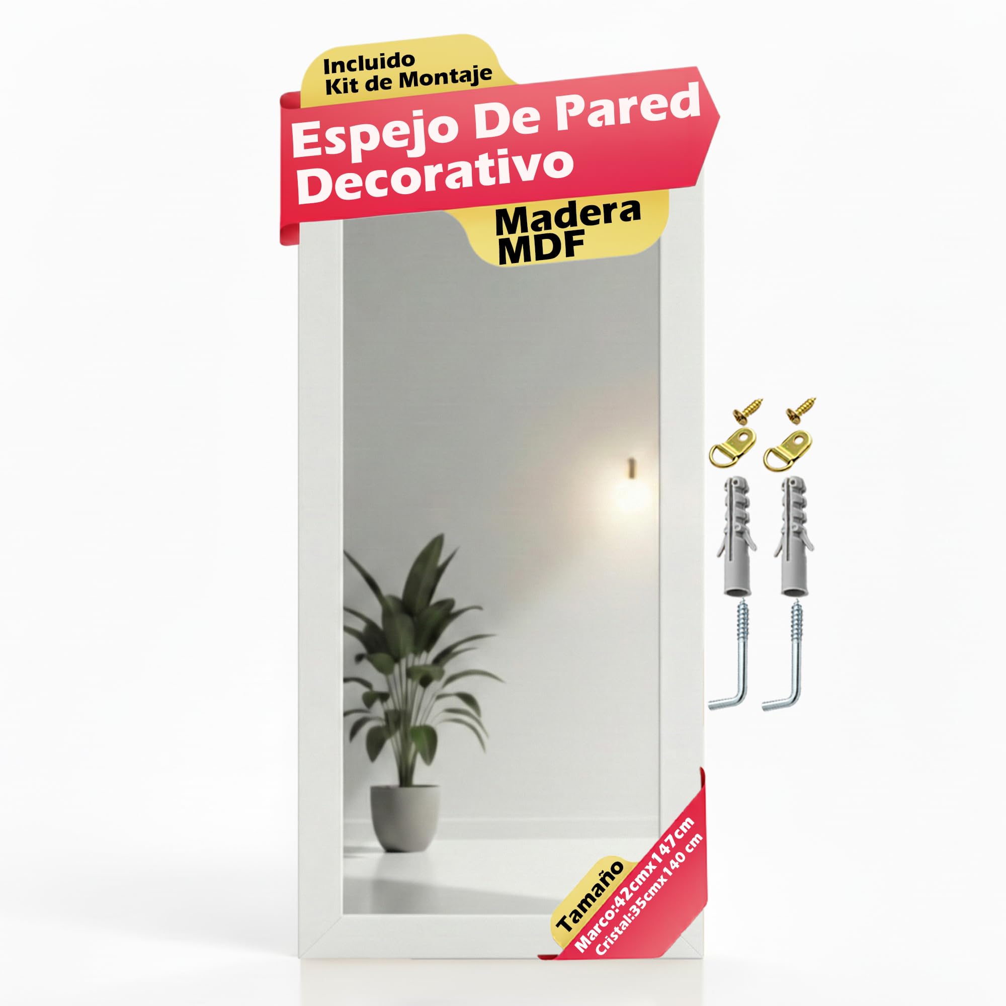 CHELY INTERMARKET MOD128 Espejo Pared Vertical Decorativo Grande Estilo Moderno Marco Madera Cuerpo Entero Elegante 35x140 cm Blanco Raya Ideal Recibidor Dormitorio Baño Incluye Kit Montaje