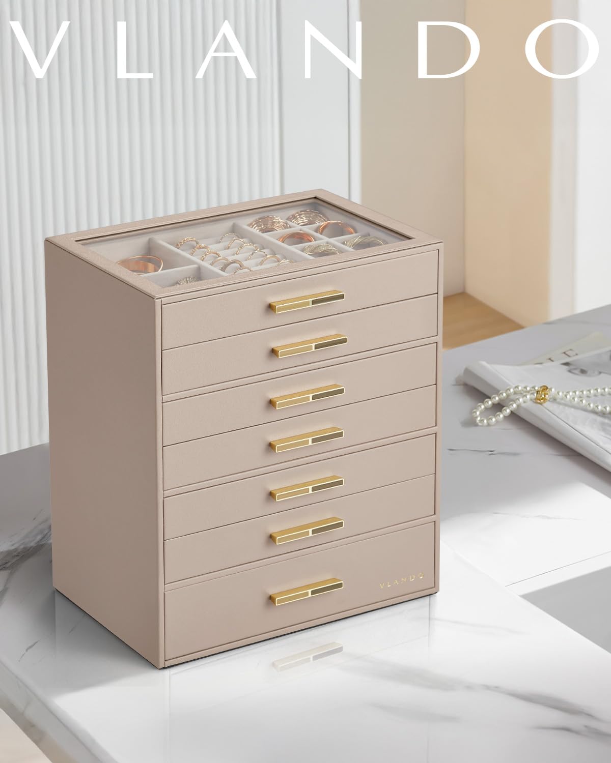 VLANDO Boîte à bijoux à 7 niveaux, boîte à bijoux, rangement de bijoux, organiseur de bijoux avec couvercle en verre, pour colliers, boucles d'oreilles, montres, bracelets, moderne, café au lait
