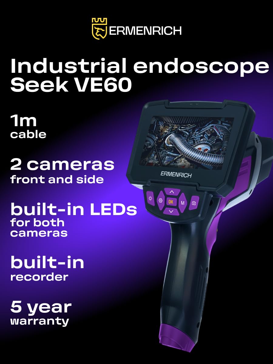 Seek VE60 Cámara Endoscopio Industrial con Pantalla 4,3" HD | Endoscopio de Inspección Doble Lente, IP67 Sonda Flexible de 1m, Cámara con 8 Luces LED, para Auto, Motor, Tuberías