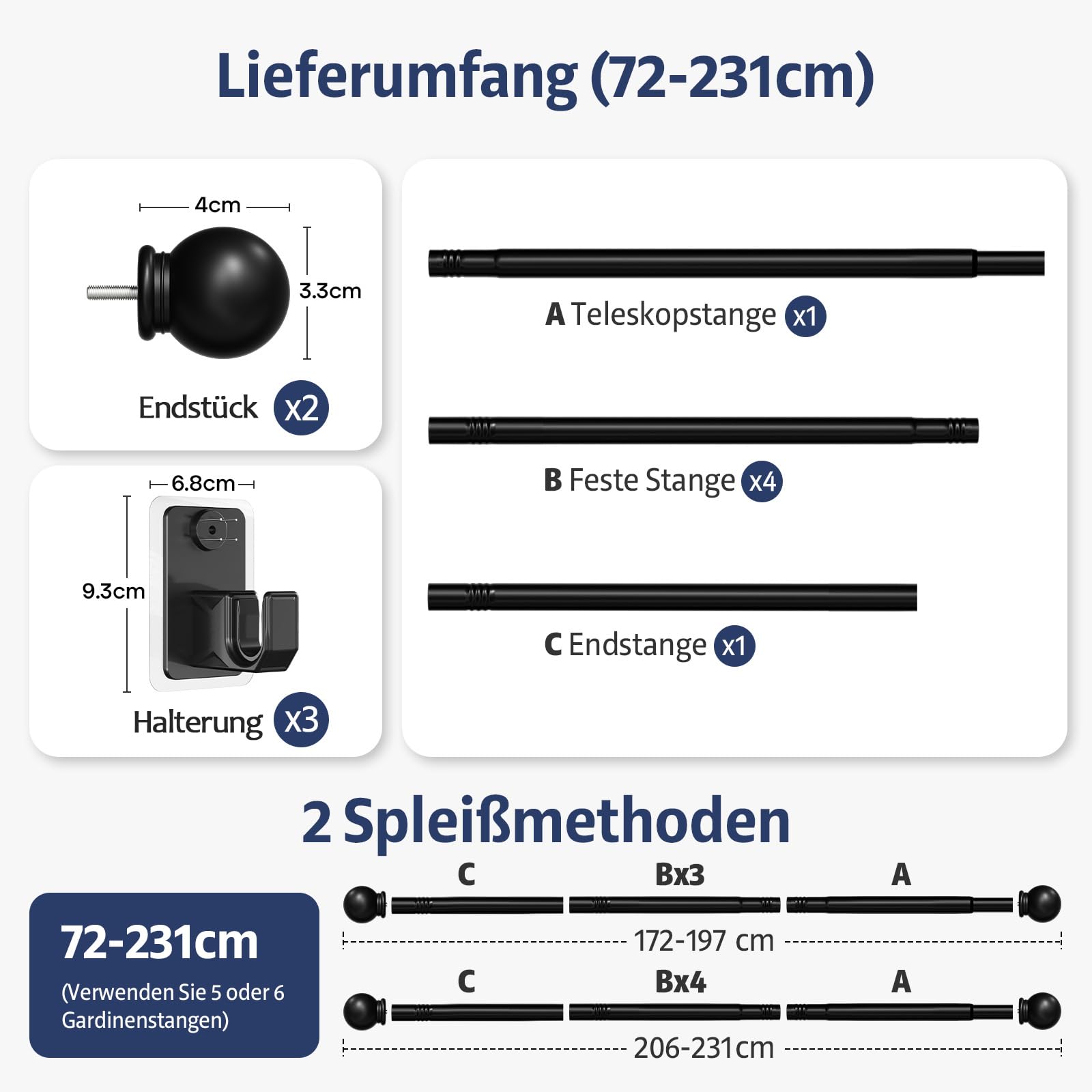 2.0 Pro Gardinenstange Ohne Bohren (with Klebeband und Verdeckte Nägel) 2 Stück 72-231cm 16mm Durchmesser Ausziehbare Vorhangstange Ohne Bohren Schwarze für Leichte Gardinen Mieterfreundlich