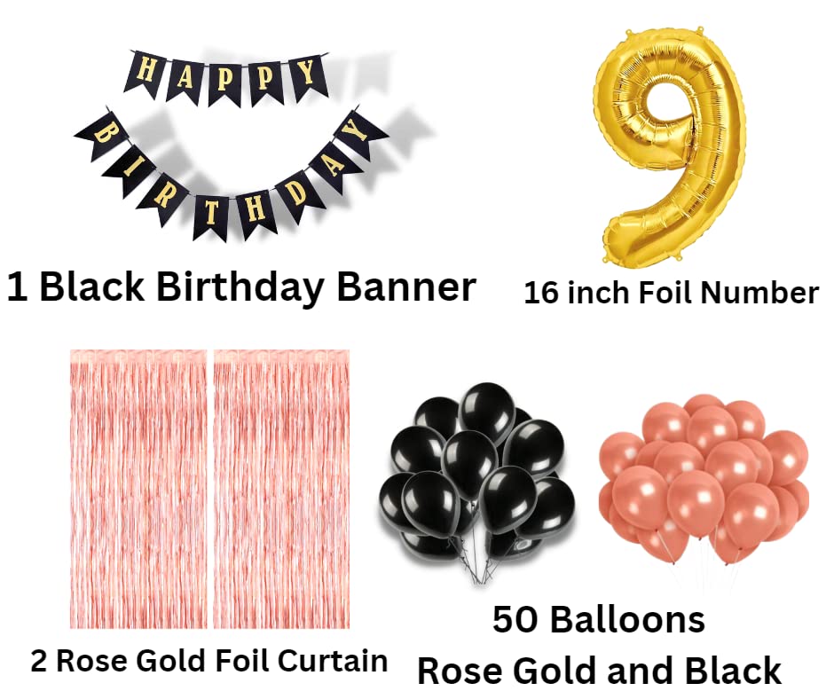 Image of 9th Birthday Decoration items for Girls with Black and Rose Gold Balloons, Black Happy Birthday Banner, Rose Gold Foil Curtain, Foil Balloon number 9