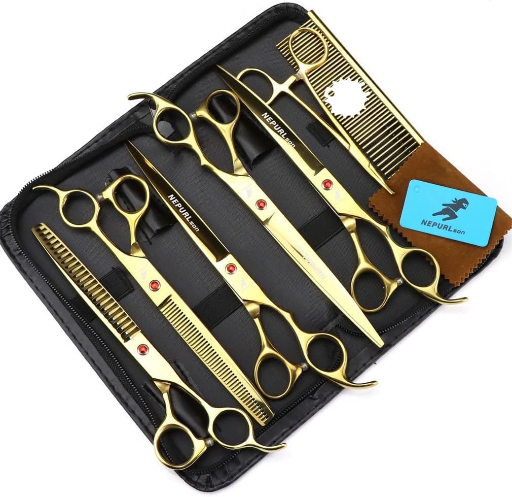 Kit de preparación para Perros - 7.0 Pulgadas, Kit de preparación para Mascotas con cizallamiento Recto/ 2 Curvo - Afilado y Duradero