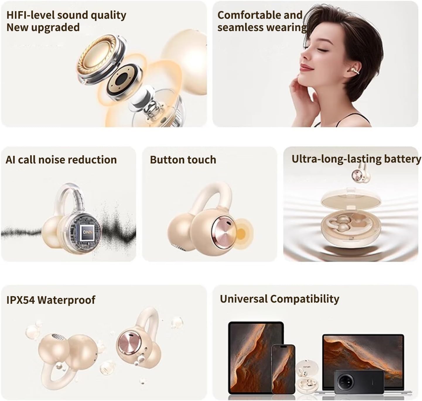 Upgraded Open Ear Earbuds Clip-On Earbuds Comfortable fit & Crystal-Clear Sound, 80H Playtime Bluetooth 5.4 Wireless Headphones for Women Ideal for SmallEars,Sports,Workouts,（Champagne Gold） - Image 4