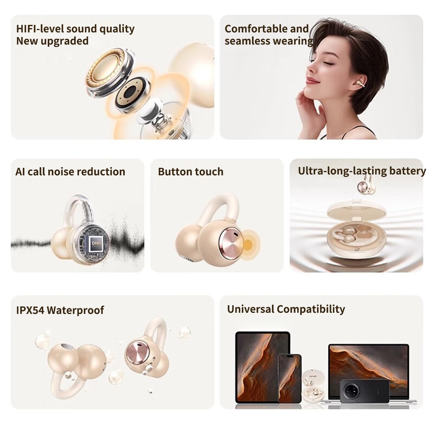 Auricolari aperti aggiornati con clip, vestibilità comoda e suono cristallino, 80 ore di riproduzione, Bluetooth 5.4, wireless, ideali per orecchie piccole, sport, allenamenti, (oro champagne)