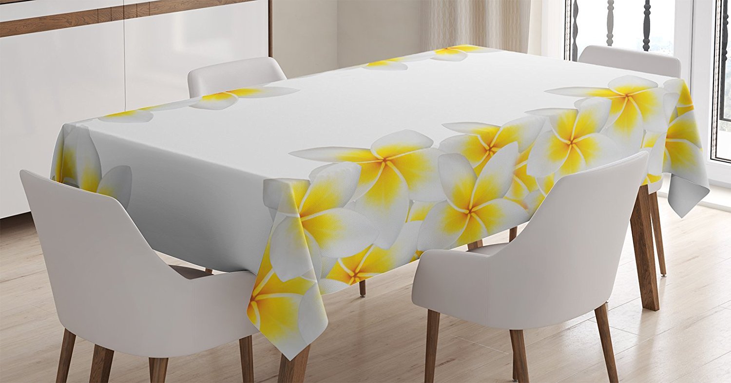 Ambesonne Hawaiian Tablecloth, Frangipani Blossoms Exotic Nature Garden Plumeria Flower Frame Relaxation Theme, Dining Room Kitchen Rectangular Table