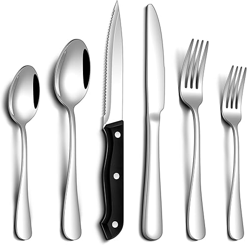 Juego de cubiertos de 24 piezas con cuchillos de carne de acero inoxidable de grado alimenticio para 4 cubiertos de espejo, incluye tenedores,