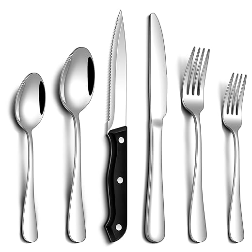 24 Pcs Silverware Set with Steak Knives Food-Grade Stainless Steel Flatware Set for 4 Mirror Cutlery Include Forks Spoons and Knives Set Dishwasher Safe Utensil Sets for Home Restaurant