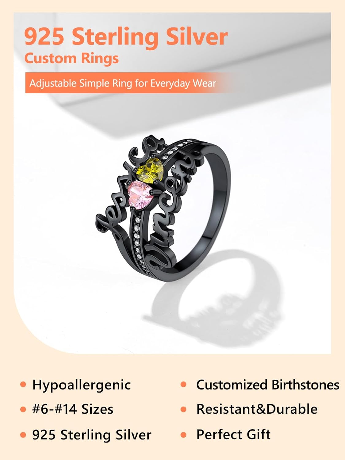 Silvora 925 Sterling Silver Personalized Name Rings Mothers Ring 2 Birthstones Custom Name Ring for Women Memorial Wedding Rings