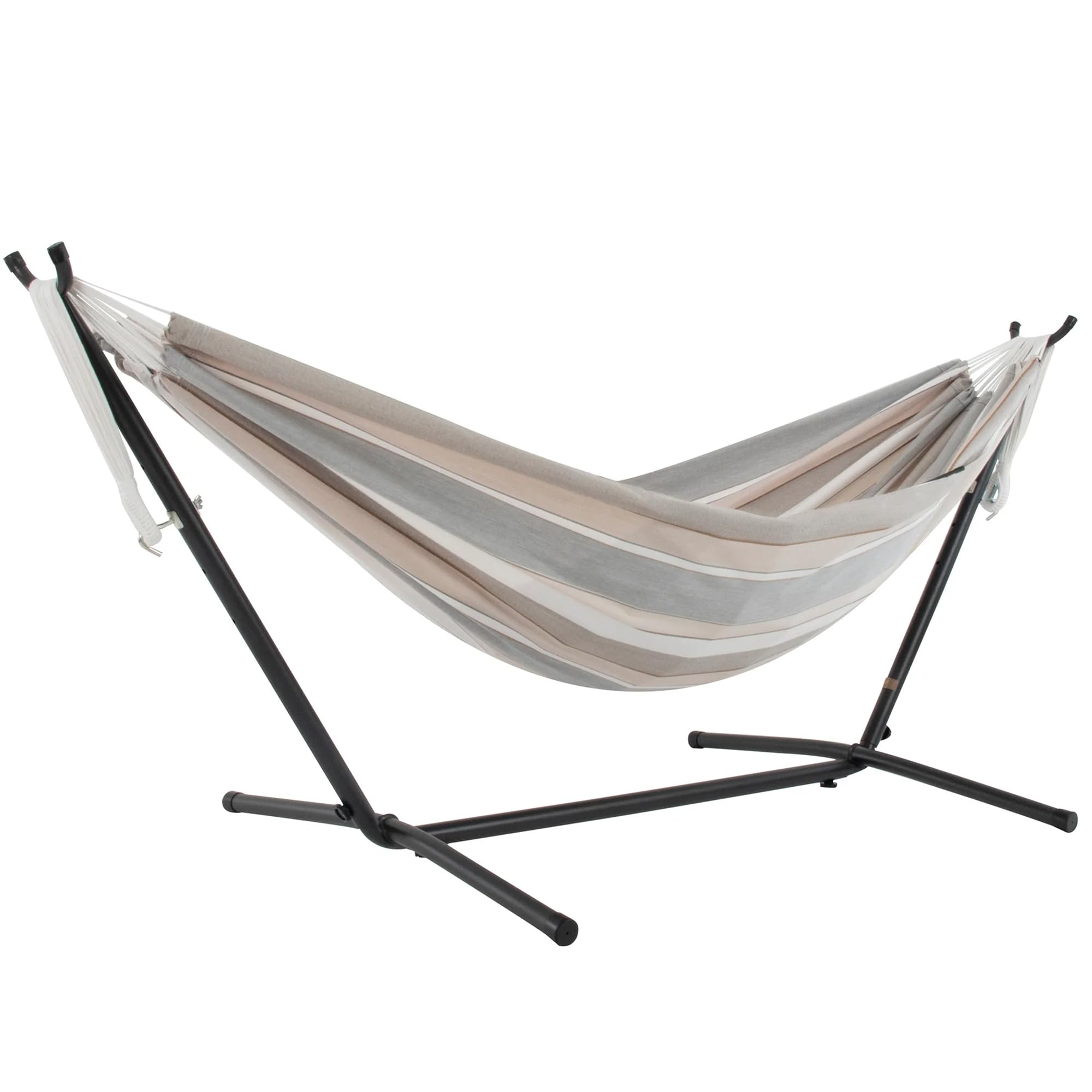 Vivere Double Cotton Hammock with Space Saving Steel Stand, Upgraded Polyester End Strings 450 lb Capacity - Premium Carry Bag Included - (Dove)