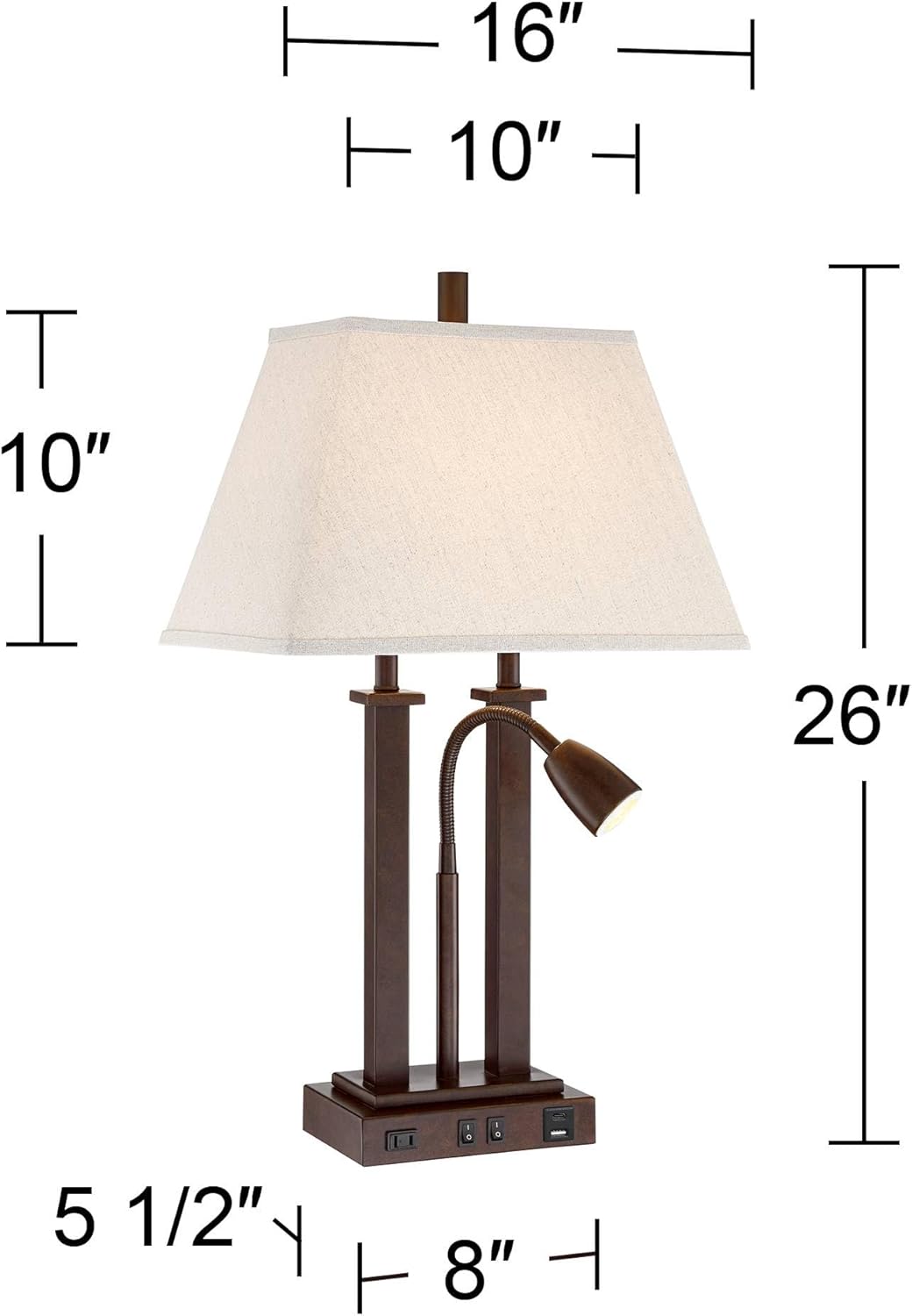 Possini Euro Design Deacon 26" High Industrial Modern Desk Lamps Set of 2 USB Port AC Power Outlet Gooseneck Brown Bronze Finish Metal Oatmeal Shade Home Office Living Room Charging Bedroom Bedside