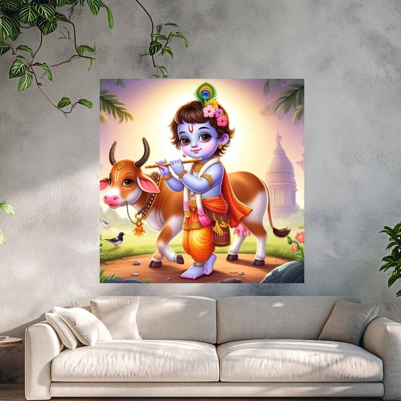 Image of British Terminal Cute little Bal Gopal Baby God Krishna| Kanha Ji | Laddu Lord Makhan Chor Painting Religious Poster for Pregnant Women for wall (matt thin vinyl,sticker,multicolor,unframed)| bj237