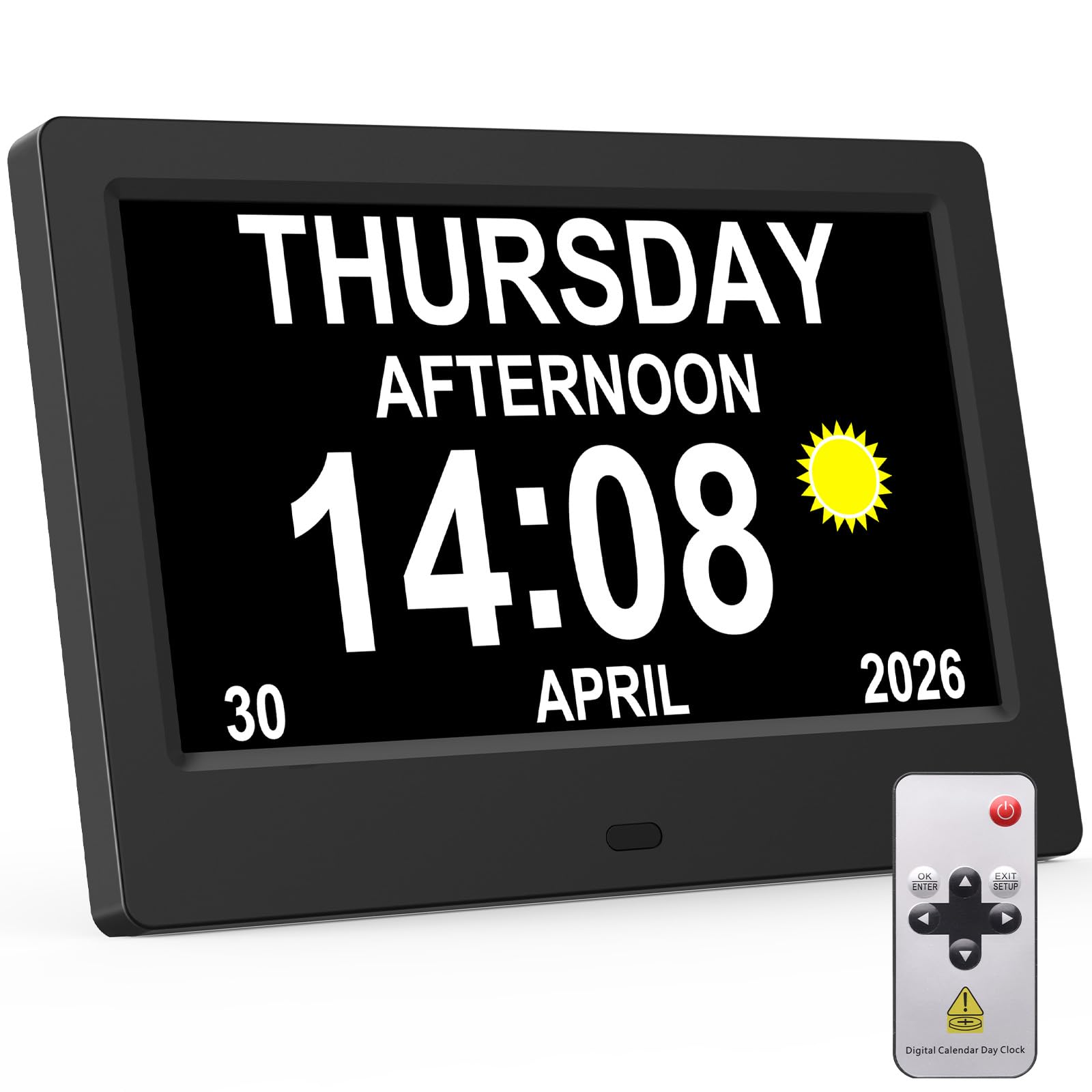 jely Reloj Digital para Personas Mayores 7'' Calendario Digital para Alzheimer y Pérdida de Memoria, 20 Recordatorios, 24 Alarmas, Marco de Fotos Digital, Control Remoto, Reloj de Pared y Mesa - Negro