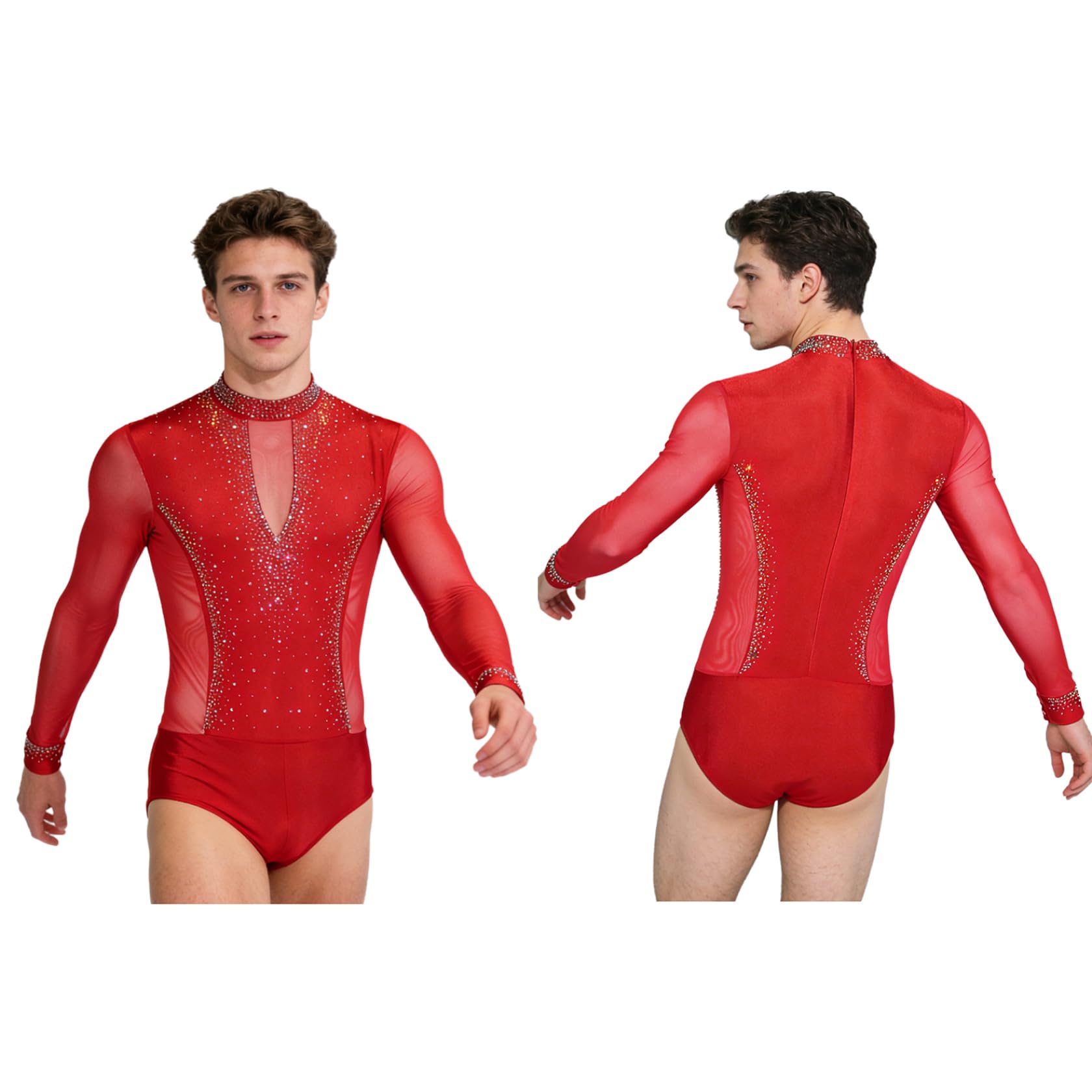 Body de manga larga para hombre, de malla de patchwork, para danza latina, body con brillantes brillantes de estrás