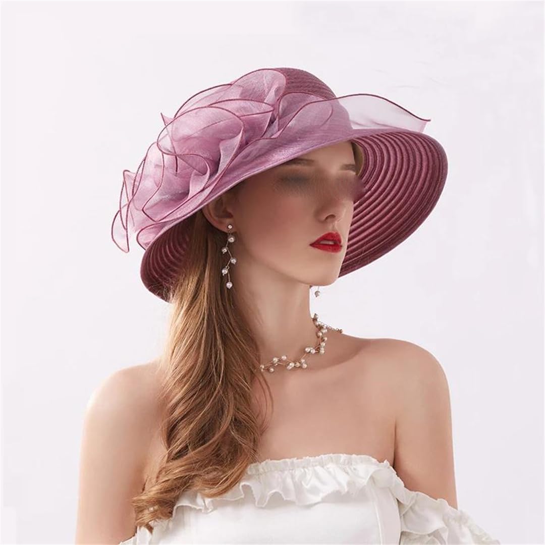 Yeuyyben Cappello estivo da donna in organza con fiore in rete, cappello da spiaggia, cappello da spiaggia a tesa larga, cappello da sole Sombreros De Mujer