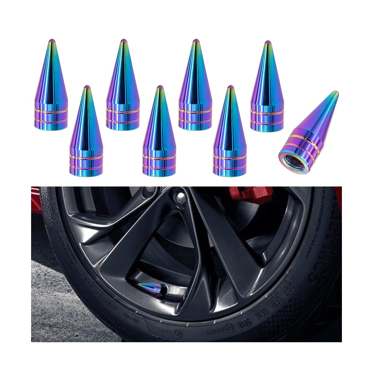 Photo 1 of **2 PACK, ONE SILVER, ONE MULTICOLOR** Zpana Spiked Shape Car Tire Valve Stem Cap, 8PCS Aluminum Alloy Dustproof Vehicle Wheel Tyre Valve Stem Cover, Auto Rim Valve Stem Protection Accessories, Universal for SUV Sedan Truck (Multicolor)