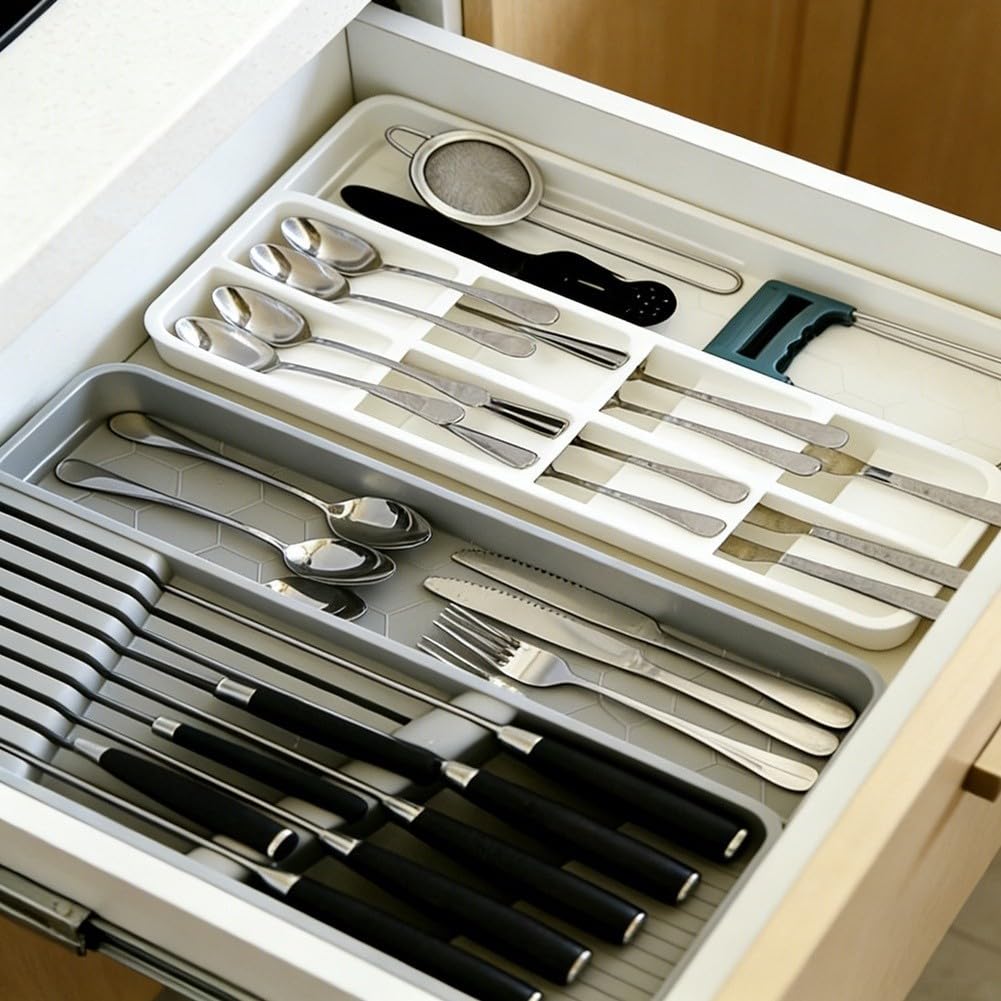 Organizador de cajones para utensilios de cocina, organizador de cubiertos de cocina extraíble, caja de almacenamiento para utensilios, soporte multiusos, diseño de ahorro para tenedores, cucharas