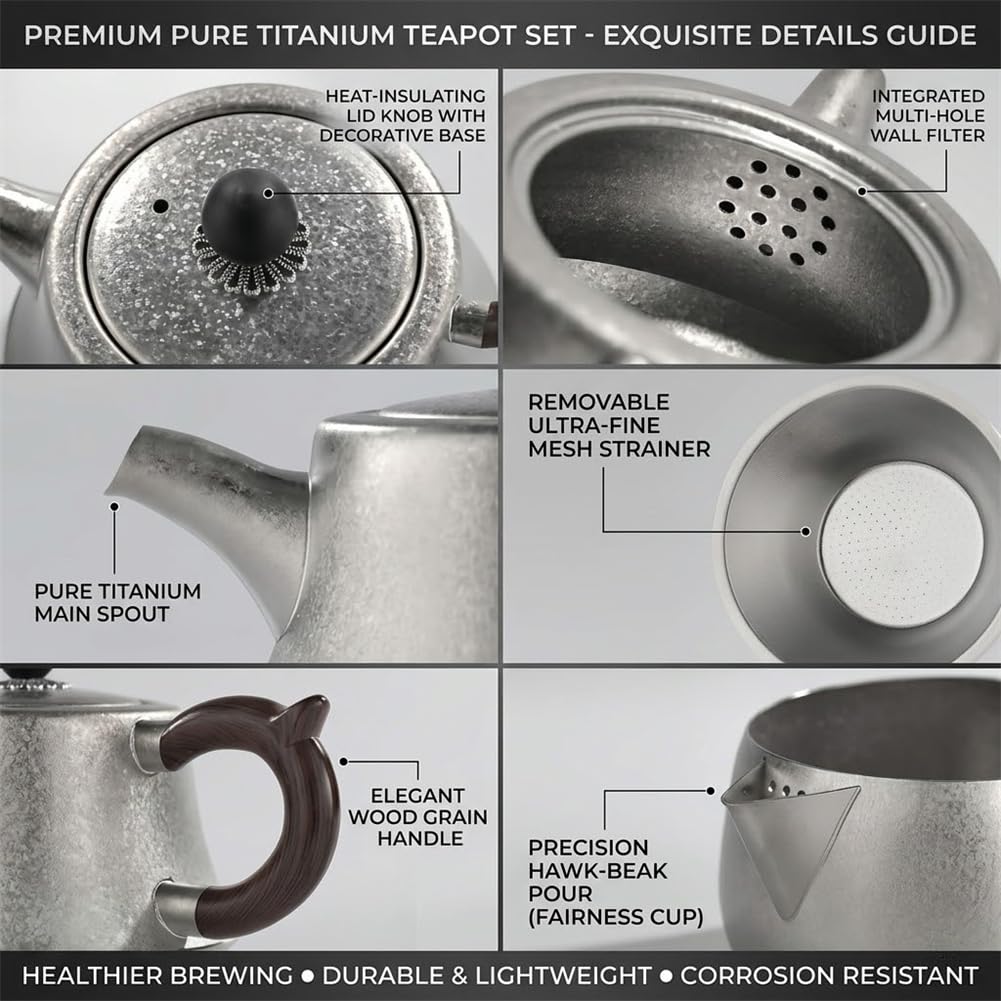 Reines Titan-Kaffee-Tee-Set, tragbare Reise-Teekanne, Hohle Tassen, fairer Krug, Tee-Ei, Sieb mit Griffetui