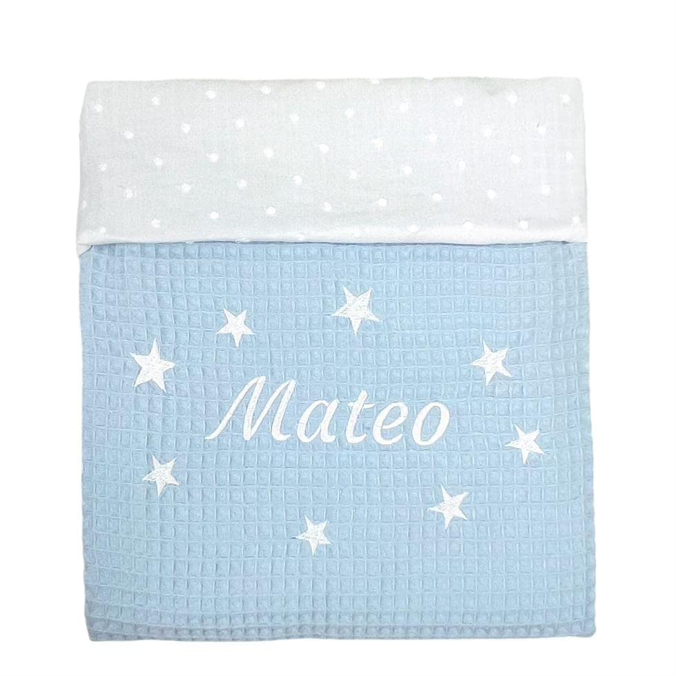 CARREDANA Manta Personalizada de bebé-Arrullo para Verano.Regalo Recien Nacido.Mantas Infantiles. Multiusos (Plumeti+waffleazul)