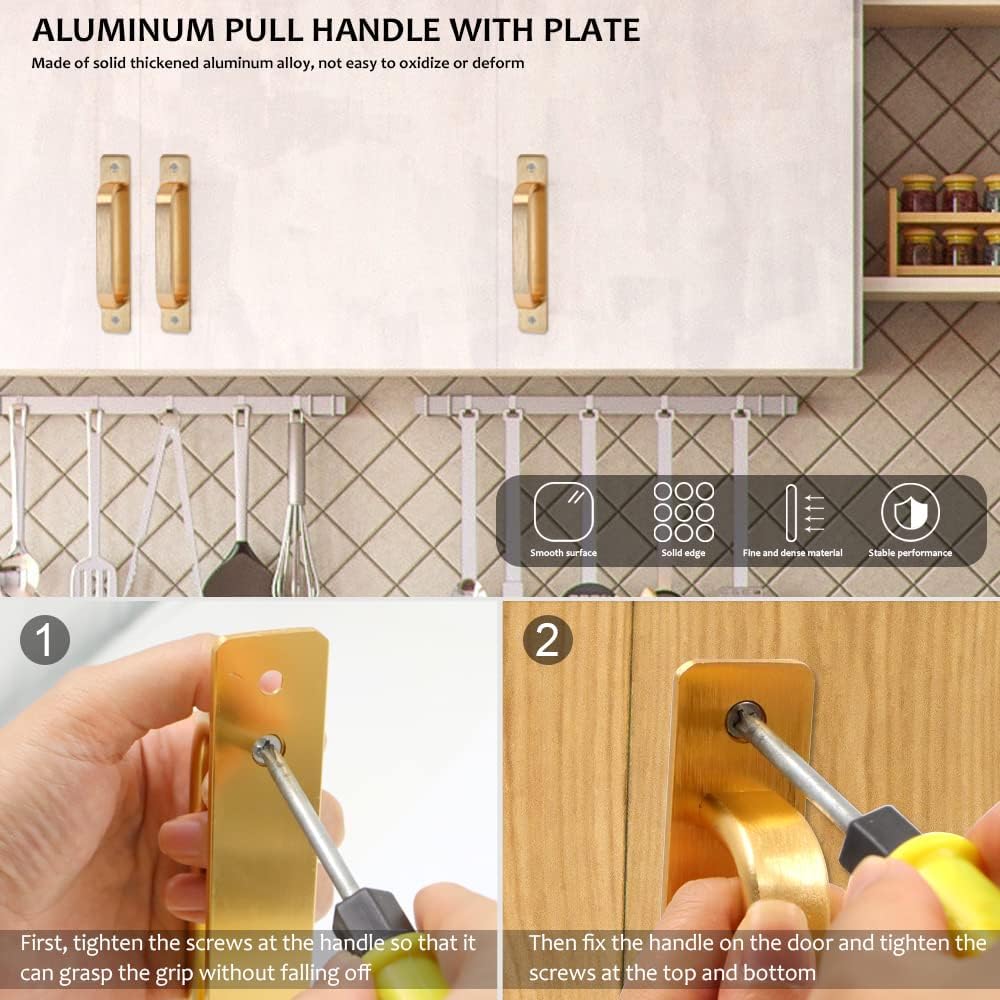 Golden Solid Metal Door Handle Pulls with Plates and Screws, 147mm/5.79in Punch-Free Aluminium Alloy Sliding Barn Gate Pulls, Pulls for Cabinet, Closet, Wardrobe, Drawer (4Pcs)