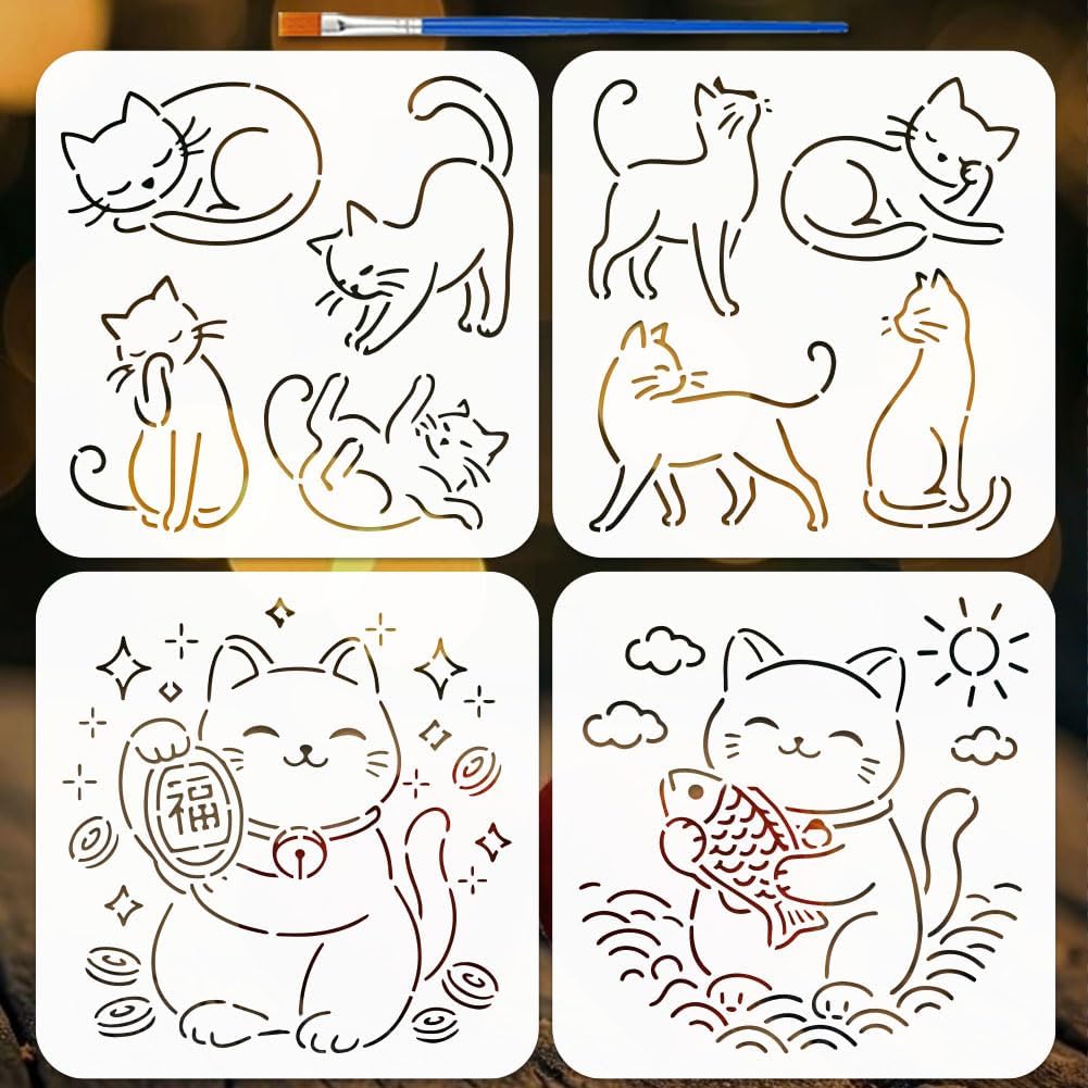 FINGERINSPIRE 4Pcs Cat Pattern Stencils with a Brush 7.9x7.9inch Animal Painting Stencil PET Sashiko Embroidery Themes PET Template for Painting on Wood Floor Tile Wall Fabric Furniture Scrapbook DIY