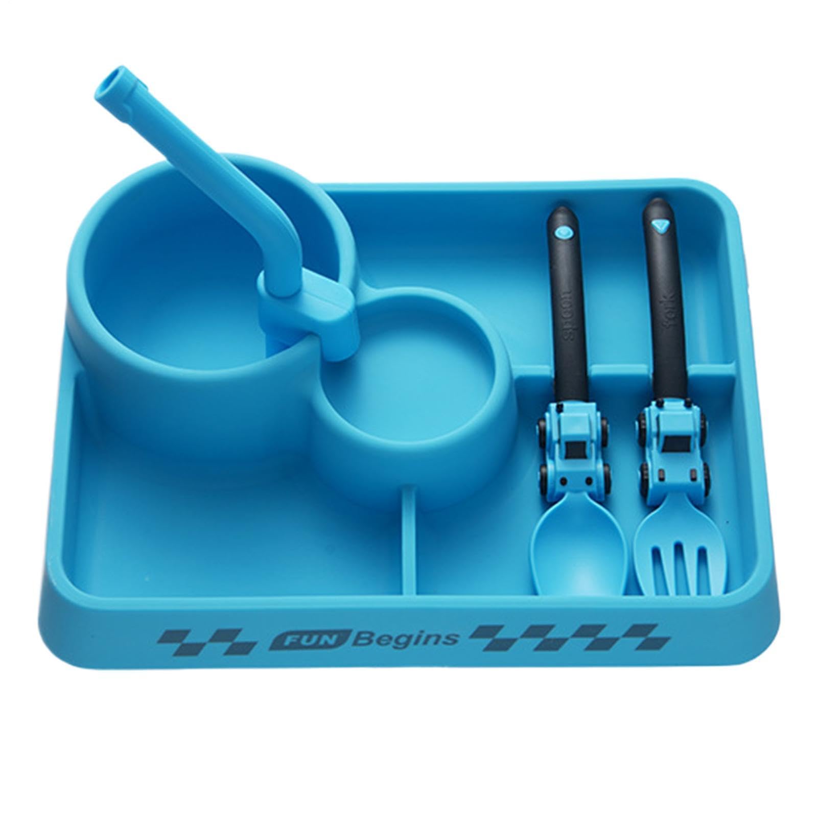 Ensemble d'ustensiles de repas Silicone Portable Autonome Set Table Enfant | Assiettes Compartimentées Couverts Pour Maison École Anniversaire Garçons Filles